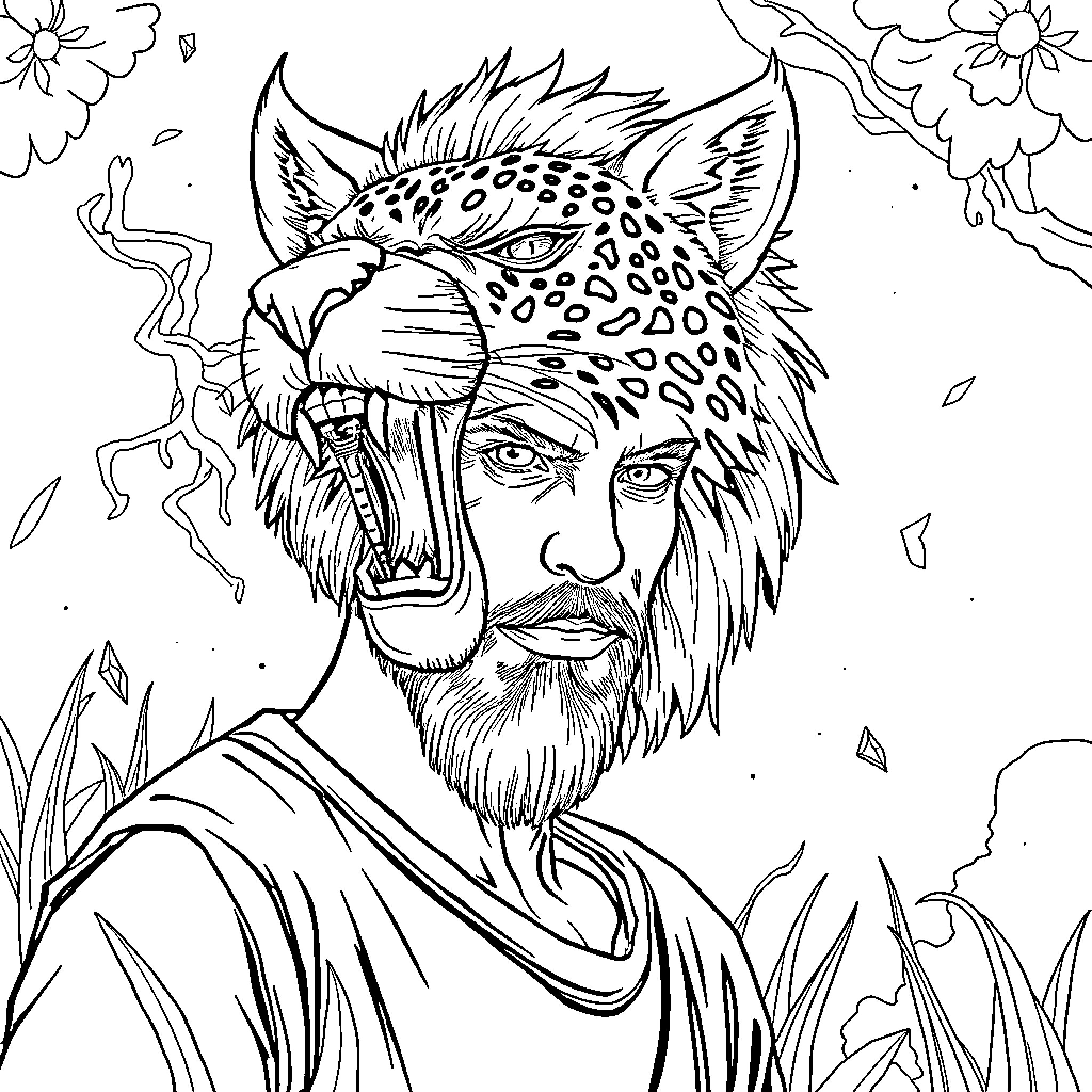 Human with fantasy animal headpiece in a nature scene Coloring Page (free black-and-white line drawing printable PDF for all, from beginners to advanced learners, including children, teens, adults, and seniors)
