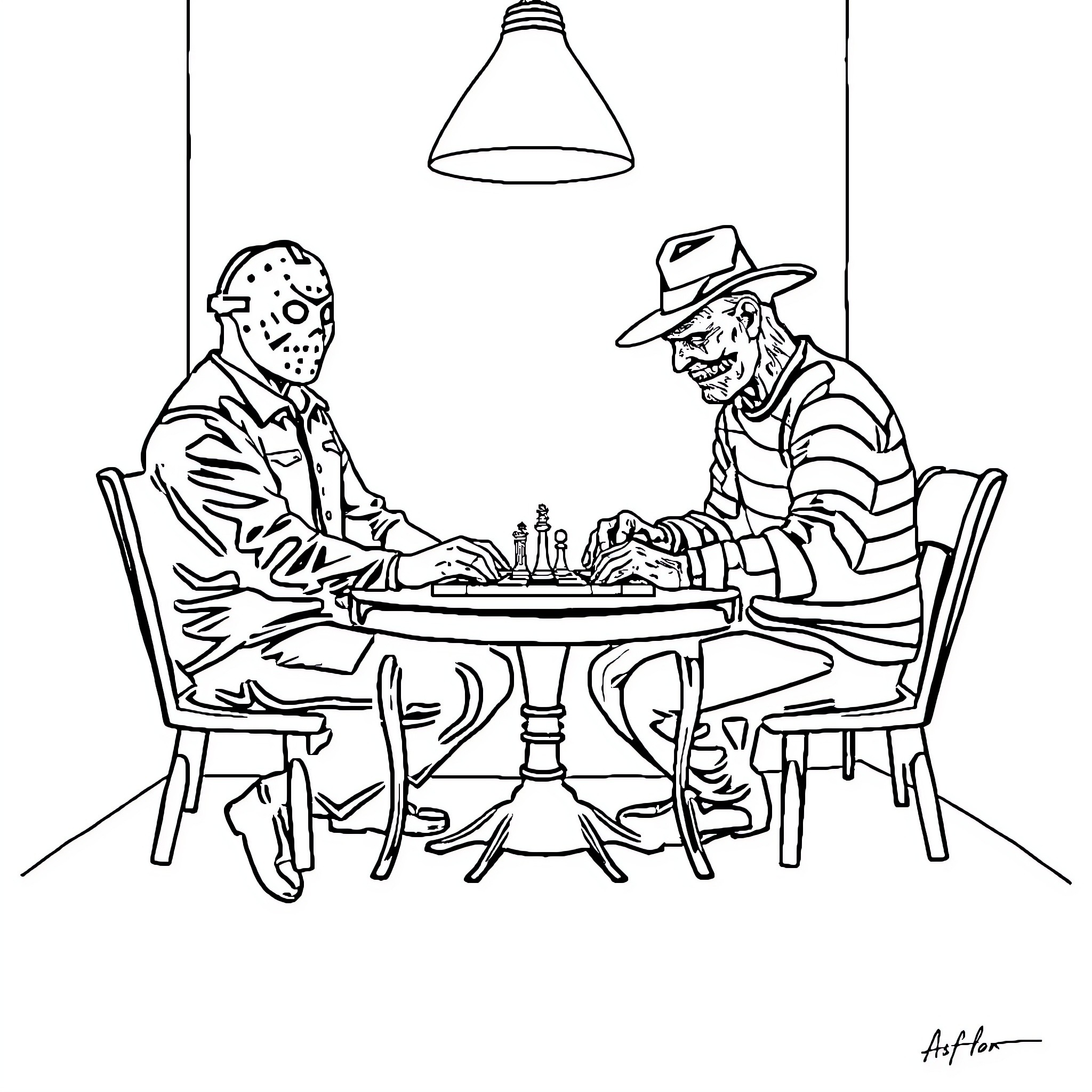 Jason Voorhees playing chess with Freddy Krueger Coloring Page (free black-and-white line drawing printable PDF for all, from beginners to advanced learners, including children, teens, adults, and seniors)