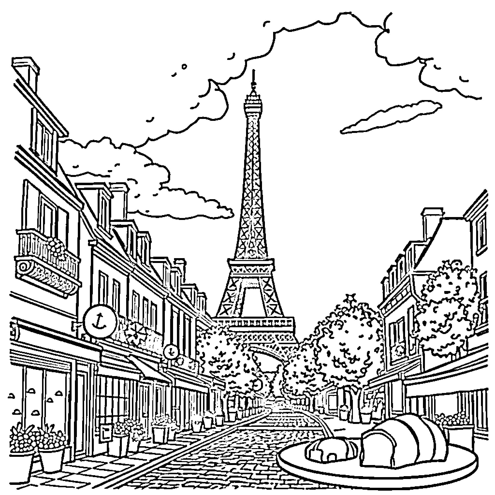 France scenic street with Eiffel Tower landmark Coloring Page (free black-and-white line drawing printable PDF for all, from beginners to advanced learners, including children, teens, adults, and seniors)