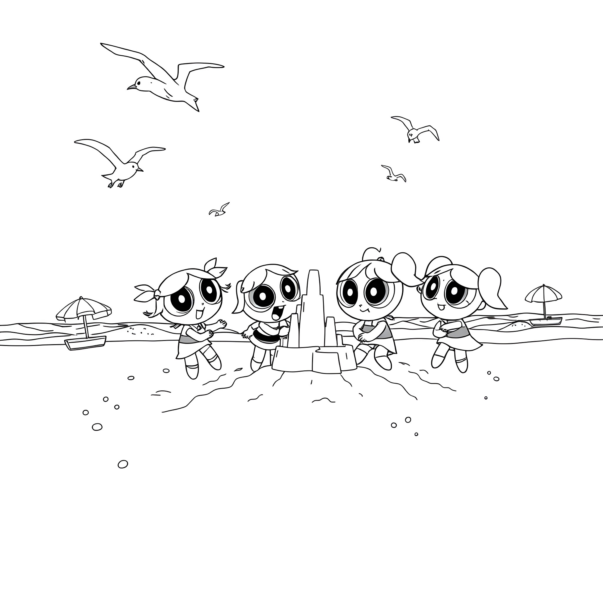 Powerpuff Girls playing at the beach Coloring Page (free black-and-white line drawing printable PDF for all, from beginners to advanced learners, including children, teens, adults, and seniors)