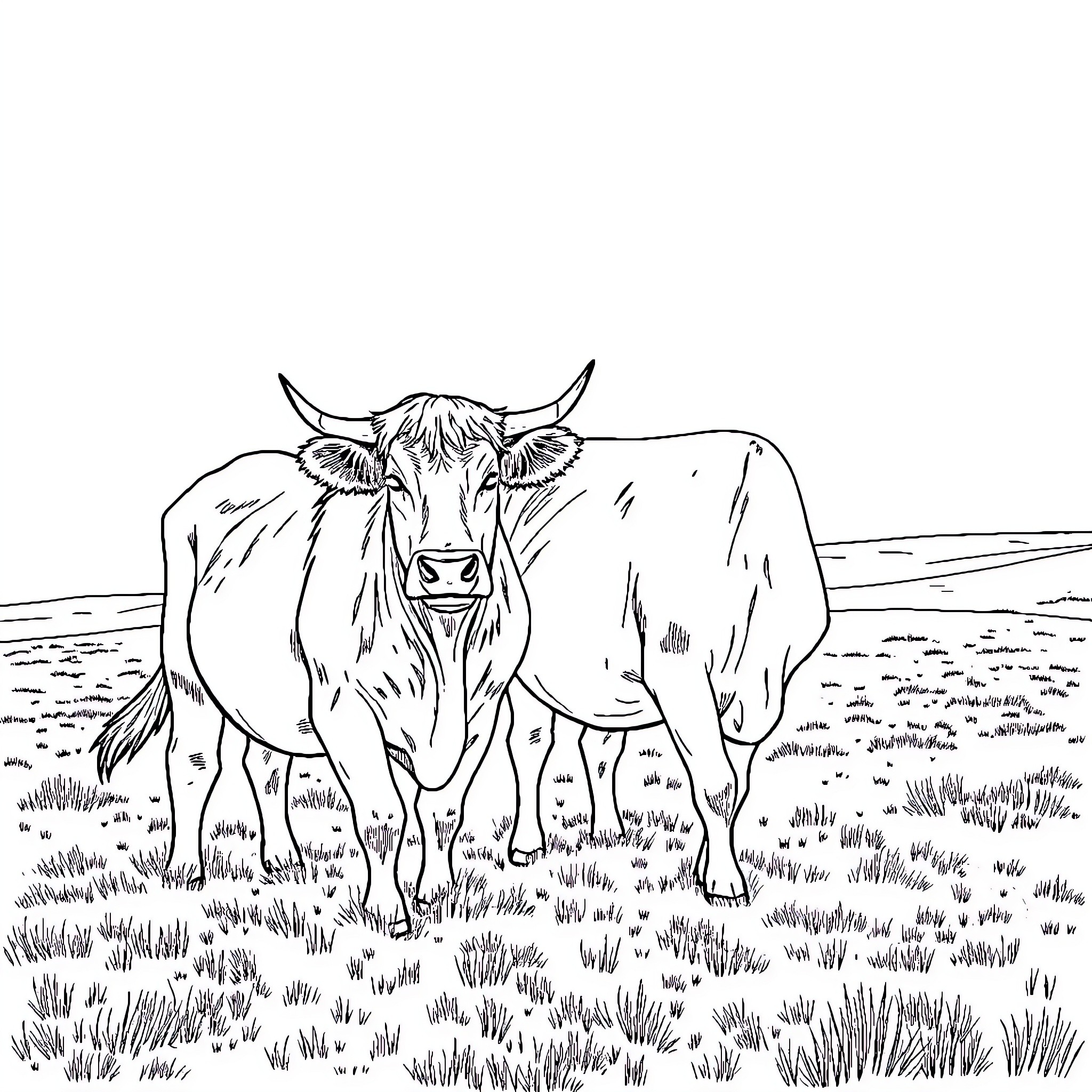 Highland Cow standing in a grassy field Coloring Page (free black-and-white line drawing printable PDF for all, from beginners to advanced learners, including children, teens, adults, and seniors)