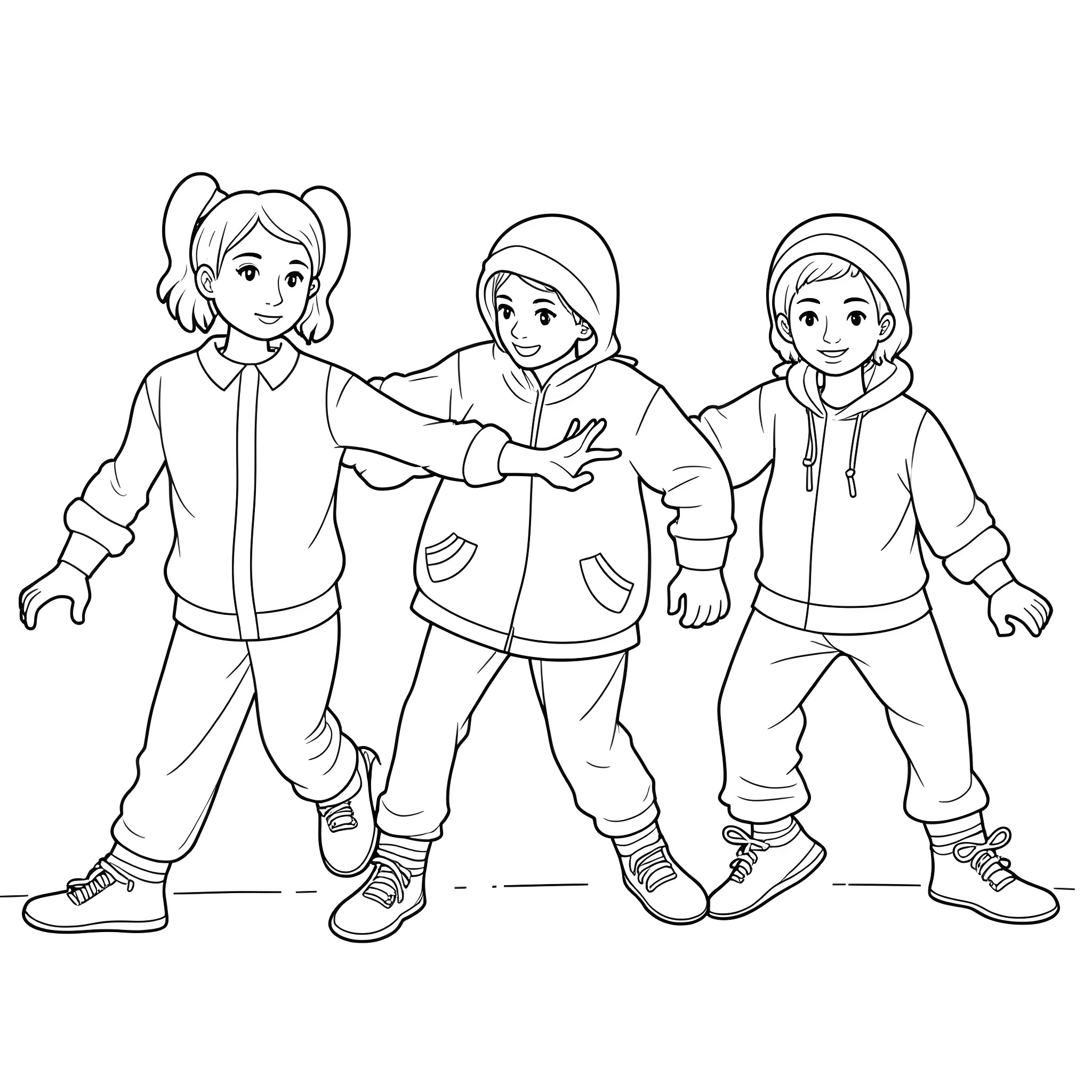 Wu Tang Clan Casual Attire and Poses Coloring Page (free black-and-white line drawing printable PDF for all, from beginners to advanced learners, including children, teens, adults, and seniors)