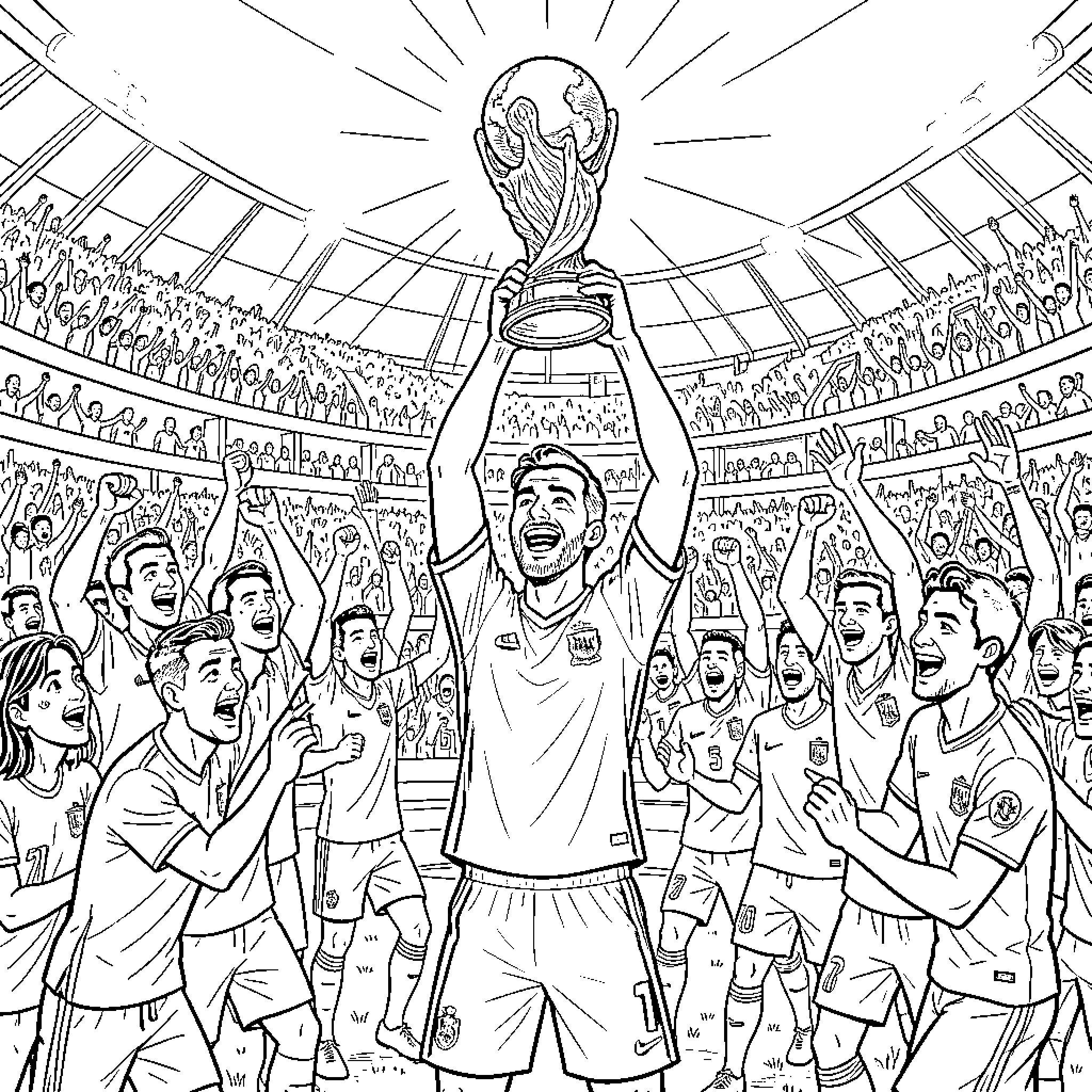 Captian Raises the World Cup Trophy in Celebration Coloring Page (free black-and-white line drawing printable PDF for all, from beginners to advanced learners, including children, teens, adults, and seniors)