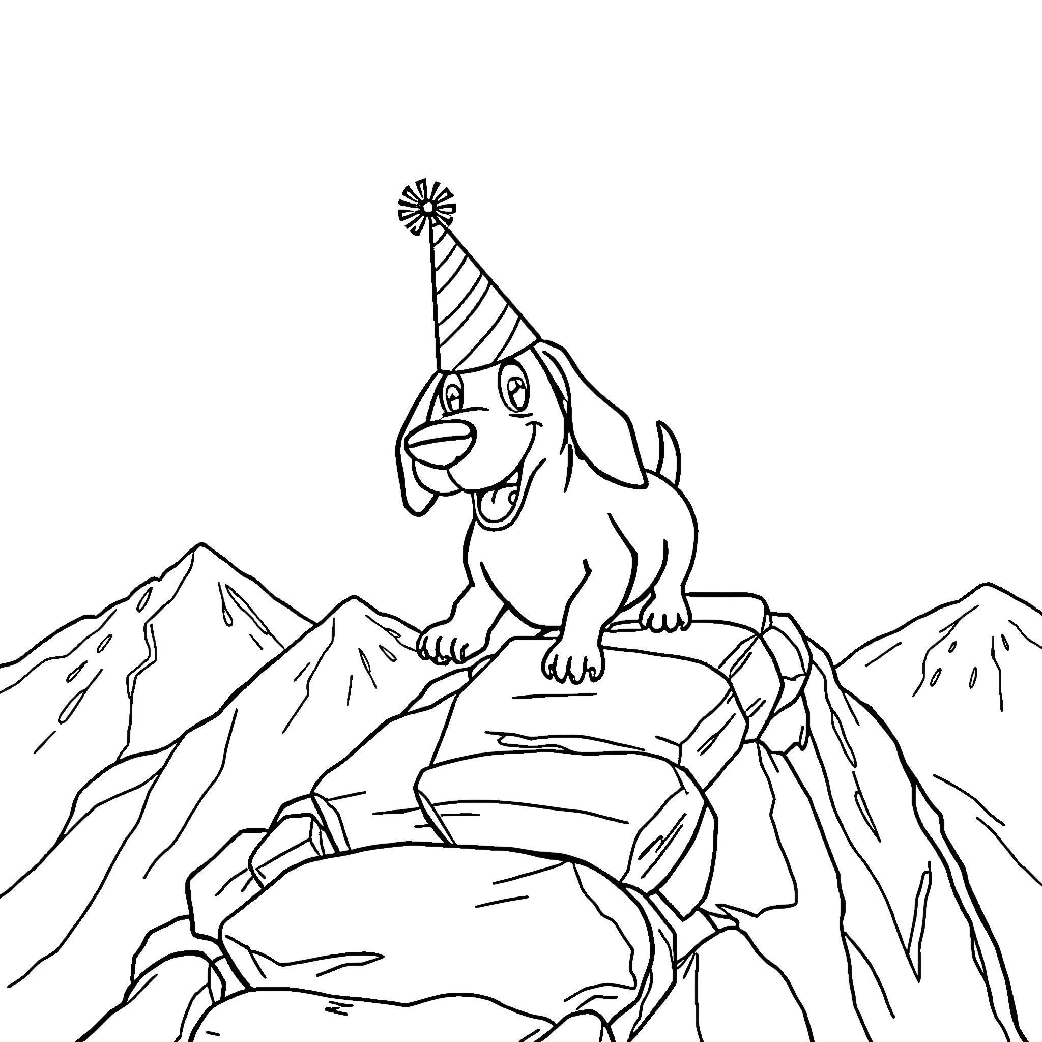 Sausage Dog celebrating on a mountain Coloring Page (free black-and-white line drawing printable PDF for all, from beginners to advanced learners, including children, teens, adults, and seniors)