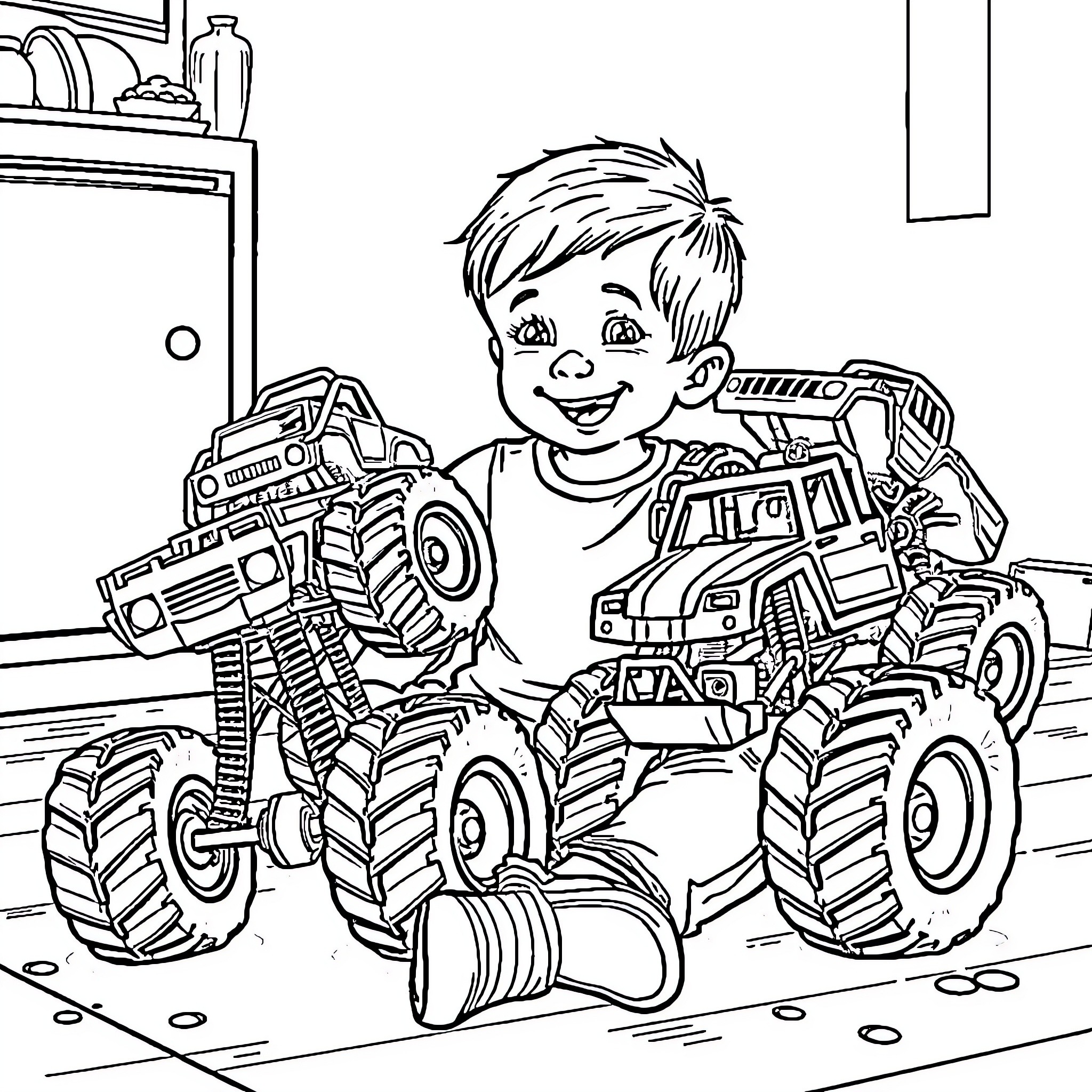 Boy playing happily with monster truck toys in garage Coloring Page (free black-and-white line drawing printable PDF for all, from beginners to advanced learners, including children, teens, adults, and seniors)