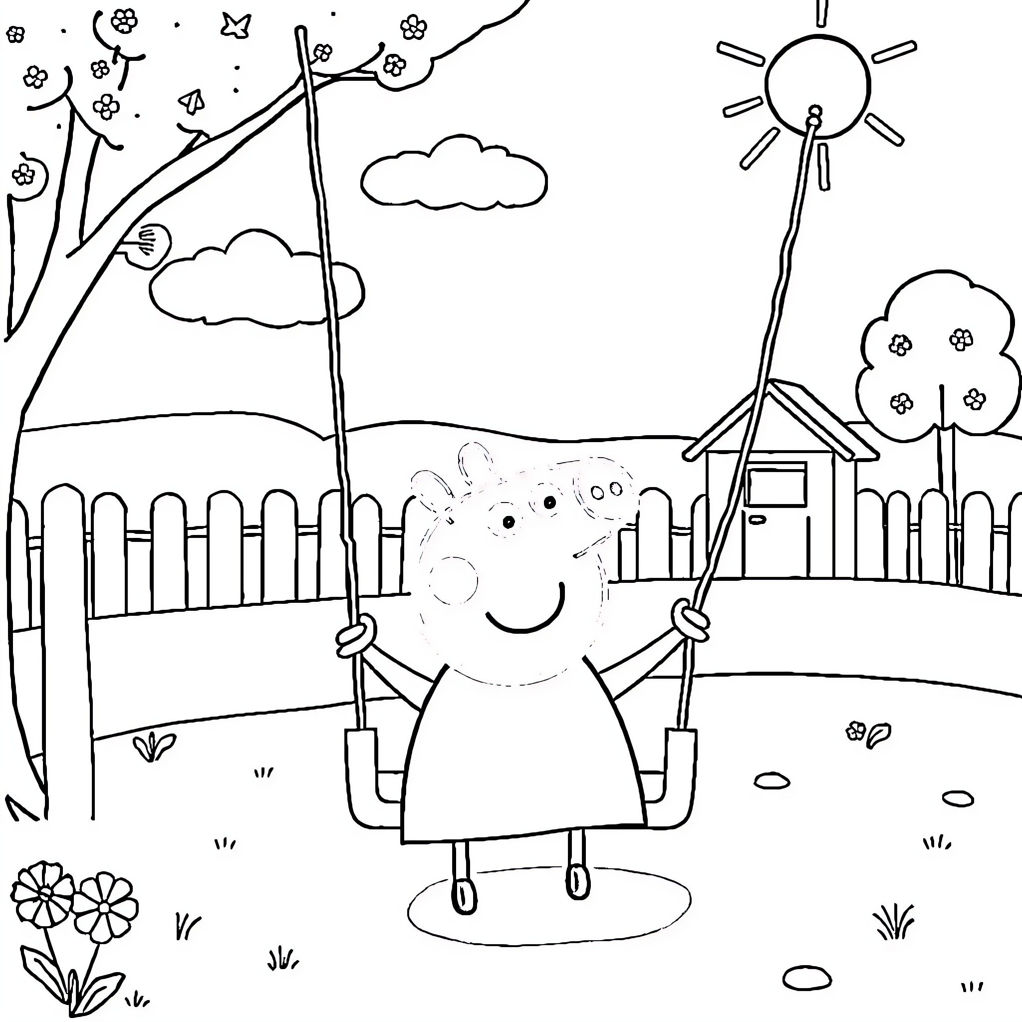 Peppa Pig enjoying a sunny day on the swing Coloring Page (free black-and-white line drawing printable PDF for all, from beginners to advanced learners, including children, teens, adults, and seniors)