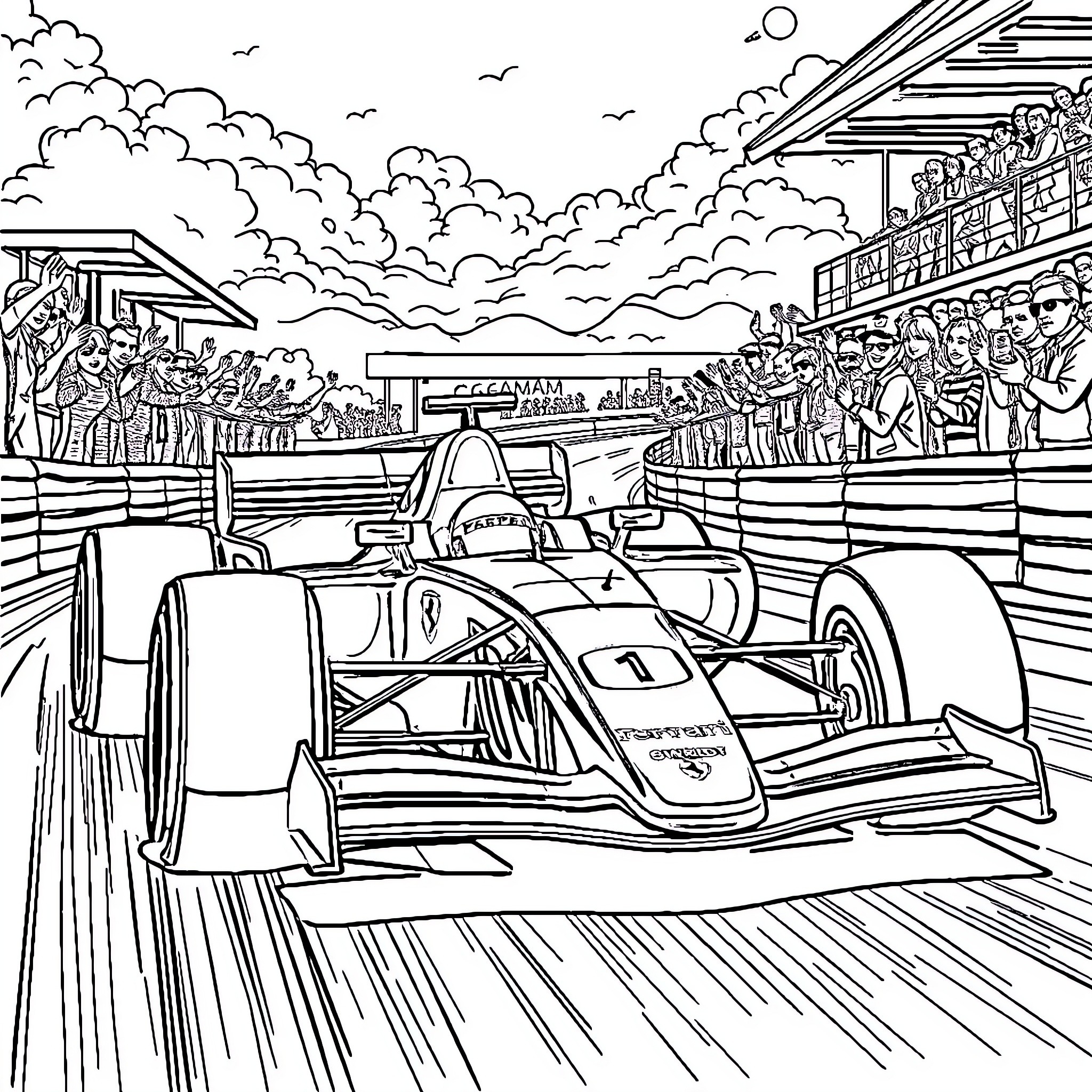 Ferrari Race Cars Speeding on Racetrack with Spectators Coloring Page (free black-and-white line drawing printable PDF for all, from beginners to advanced learners, including children, teens, adults, and seniors)