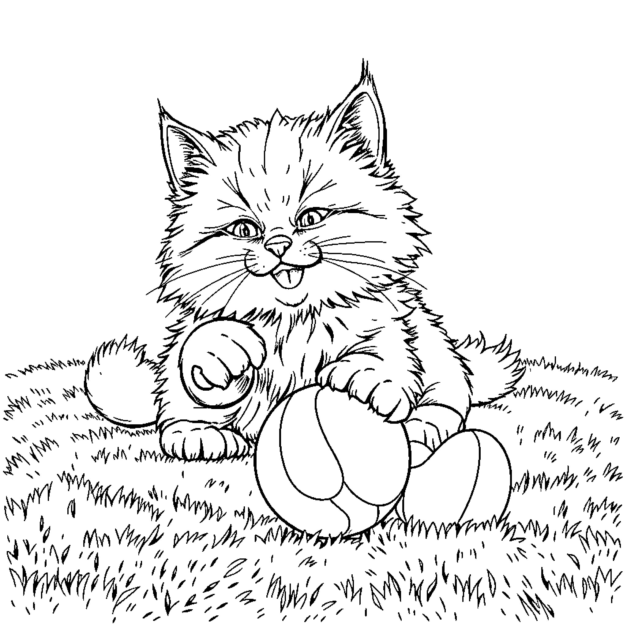Cat sitting playfully in grassy field Coloring Page (free black-and-white line drawing printable PDF for all, from beginners to advanced learners, including children, teens, adults, and seniors)