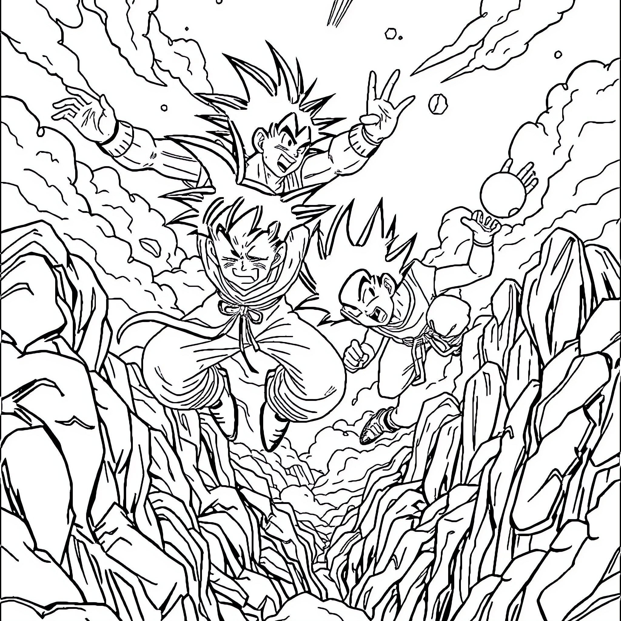 Dragon Ball characters in an intense action scene Coloring Page (free black-and-white line drawing printable PDF for all, from beginners to advanced learners, including children, teens, adults, and seniors)