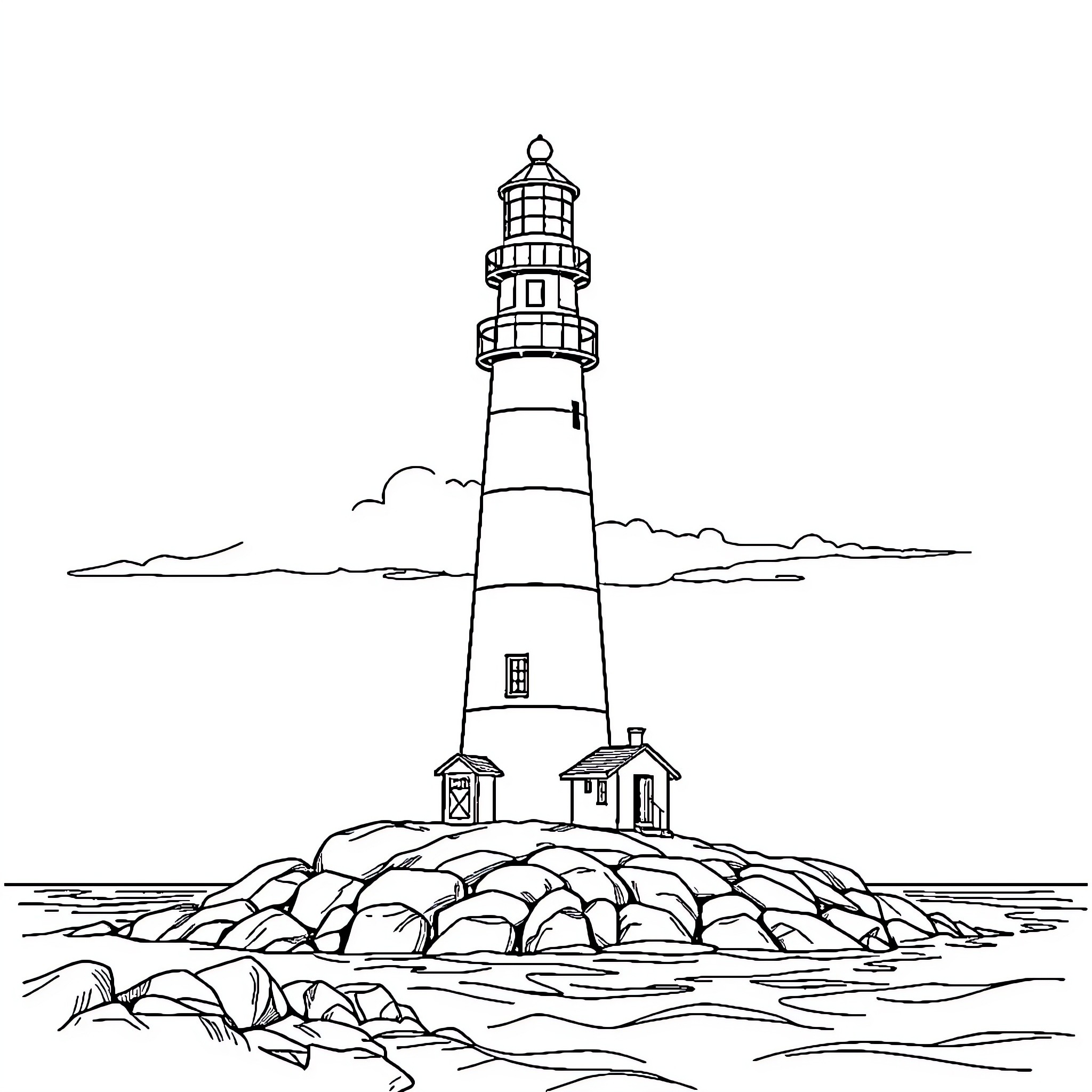 Lighthouse by the rocky shore Coloring Page (free black-and-white line drawing printable PDF for all, from beginners to advanced learners, including children, teens, adults, and seniors)