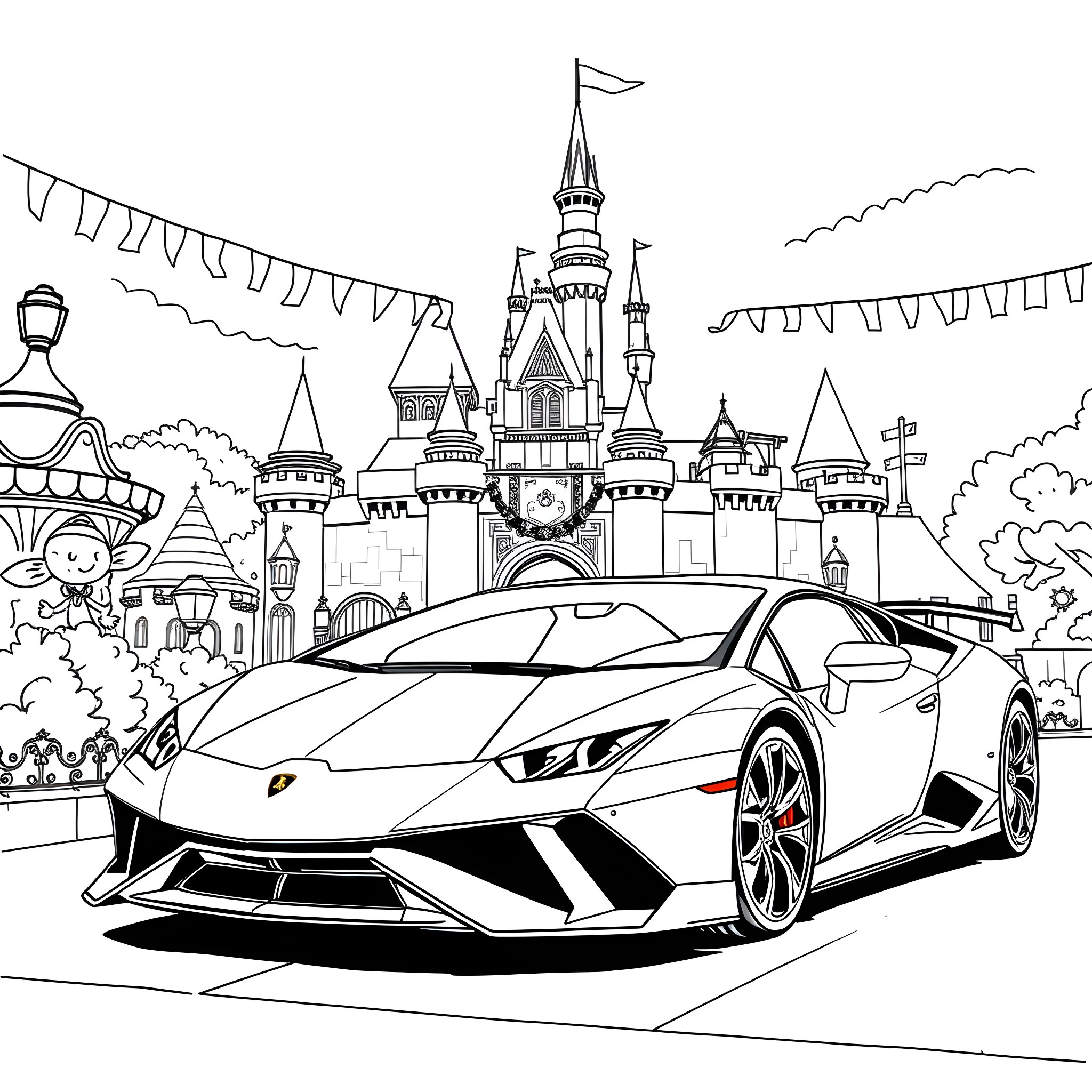 Lamborghini sports car in front of fantasy castle Coloring Page (free black-and-white line drawing printable PDF for all, from beginners to advanced learners, including children, teens, adults, and seniors)