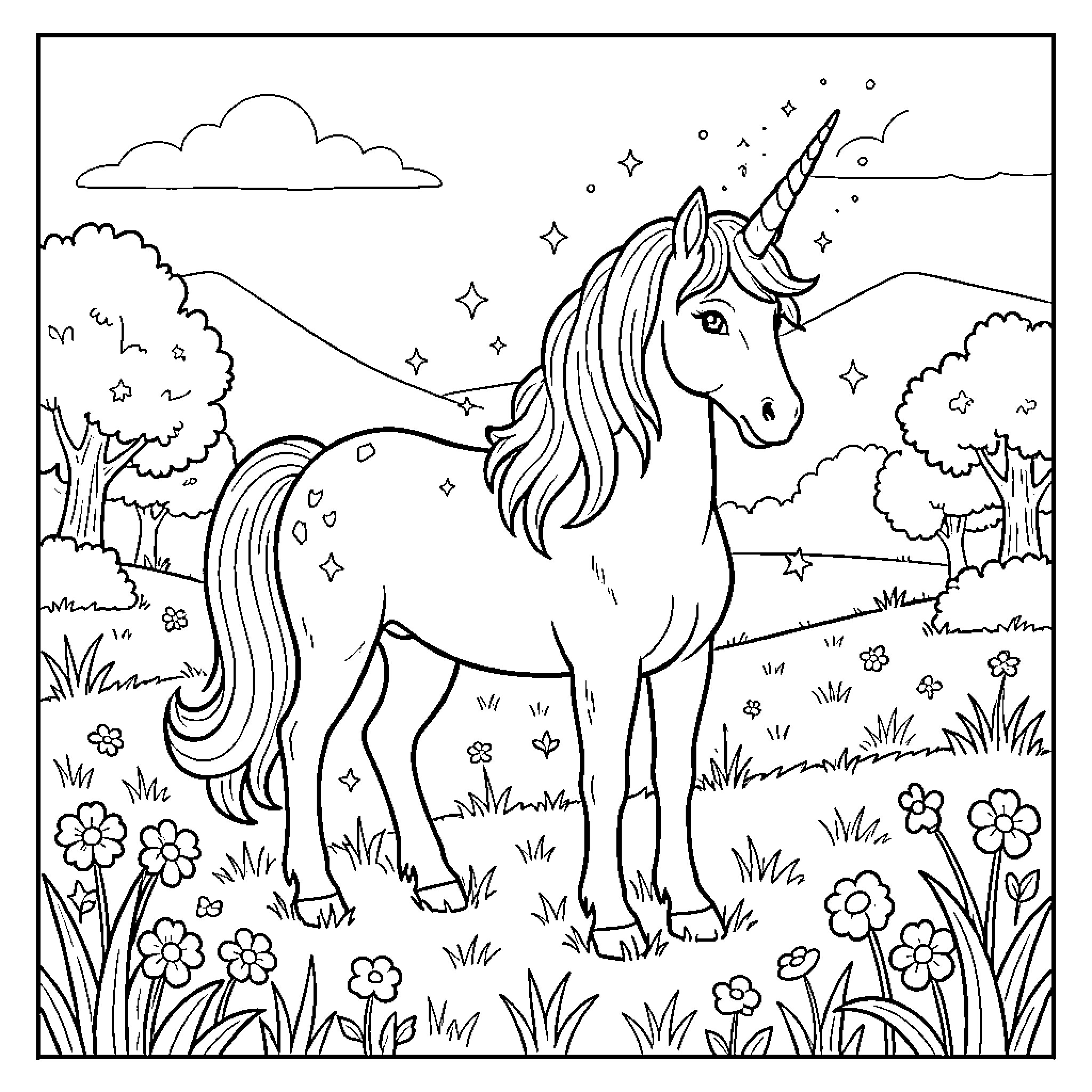 Unicorn standing majestically in a flowery meadow Coloring Page (free black-and-white line drawing printable PDF for all, from beginners to advanced learners, including children, teens, adults, and seniors)