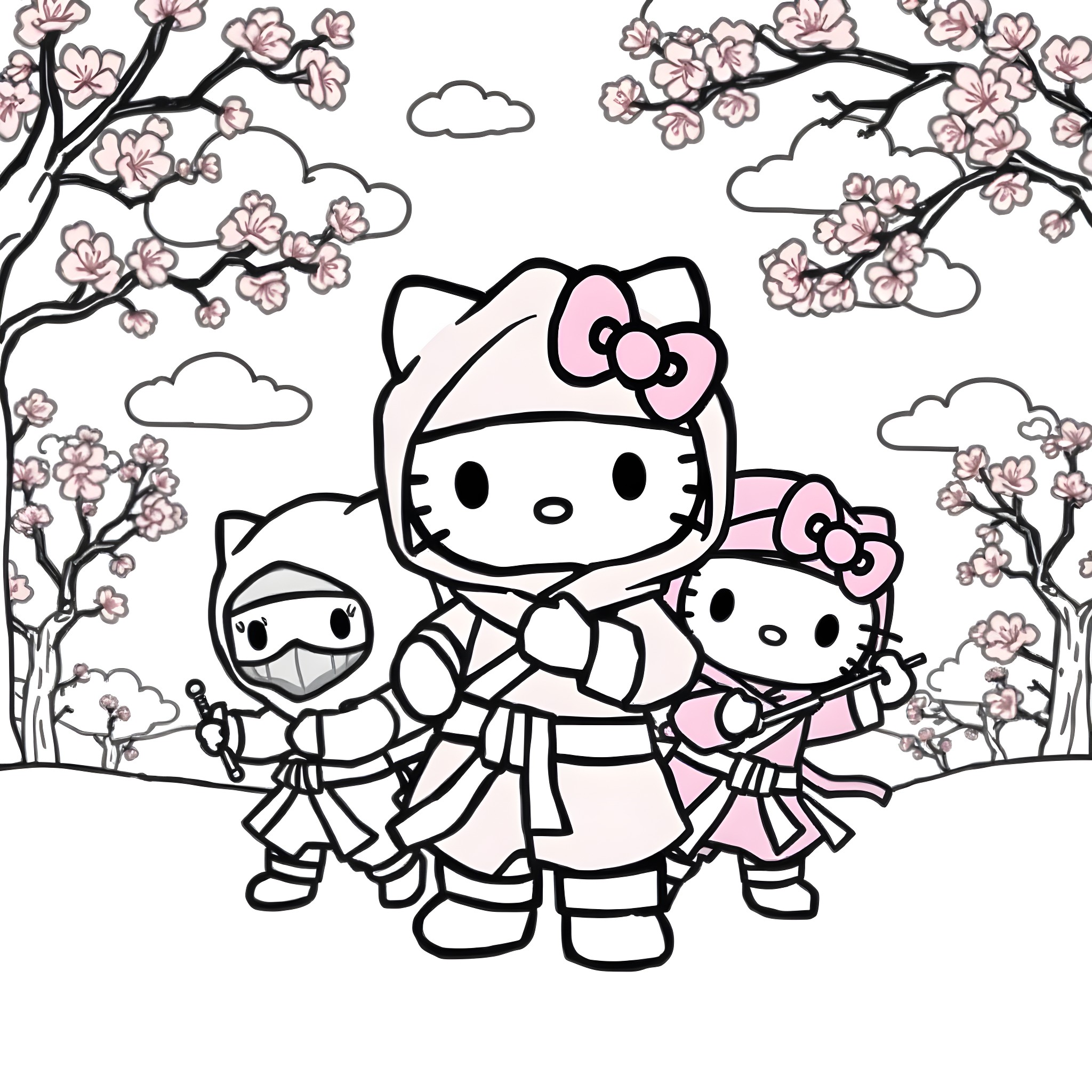 Hello Kitty and Friends Enjoying Cherry Blossoms Coloring Page (free black-and-white line drawing printable PDF for all, from beginners to advanced learners, including children, teens, adults, and seniors)
