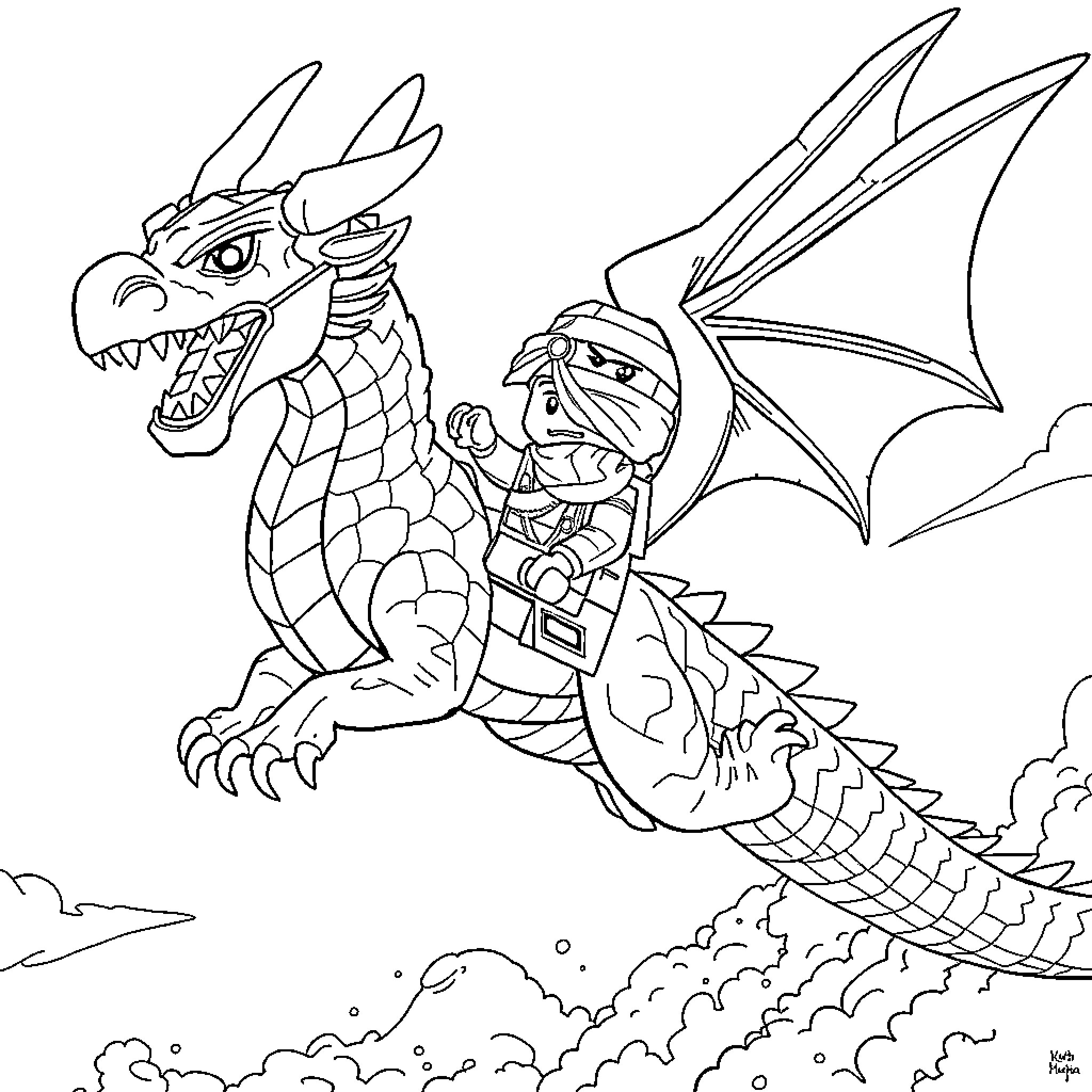 Jay rides a fierce dragon through the skies Coloring Page (free black-and-white line drawing printable PDF for all, from beginners to advanced learners, including children, teens, adults, and seniors)