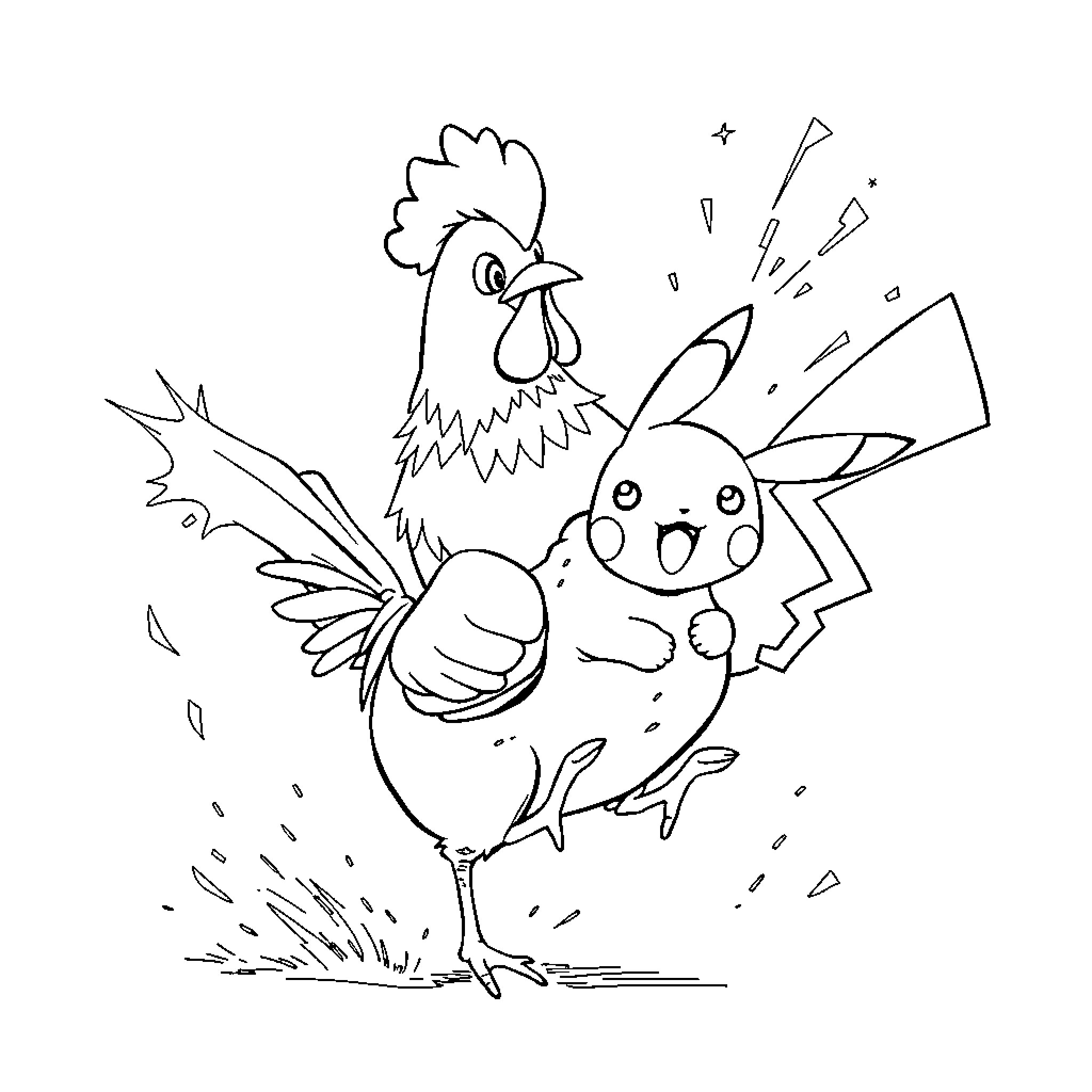 Chicken Jockey Riding a Playful Pikachu Coloring Page (free black-and-white line drawing printable PDF for all, from beginners to advanced learners, including children, teens, adults, and seniors)