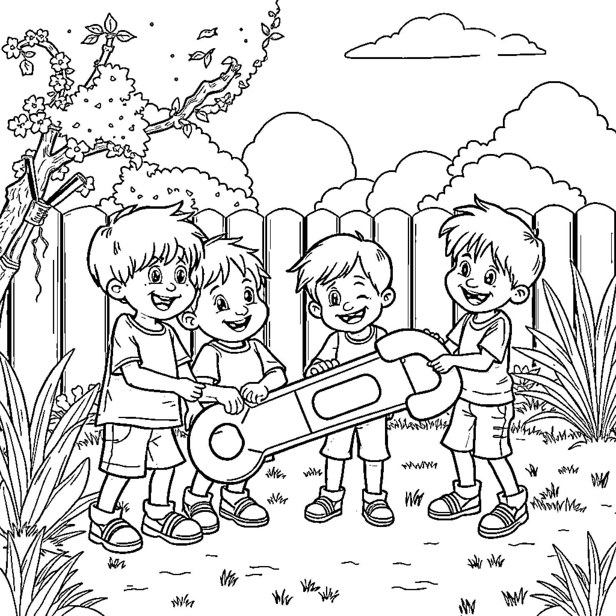 Kid friends playing with toy in the backyard Coloring Page (free black-and-white line drawing printable PDF for all, from beginners to advanced learners, including children, teens, adults, and seniors)