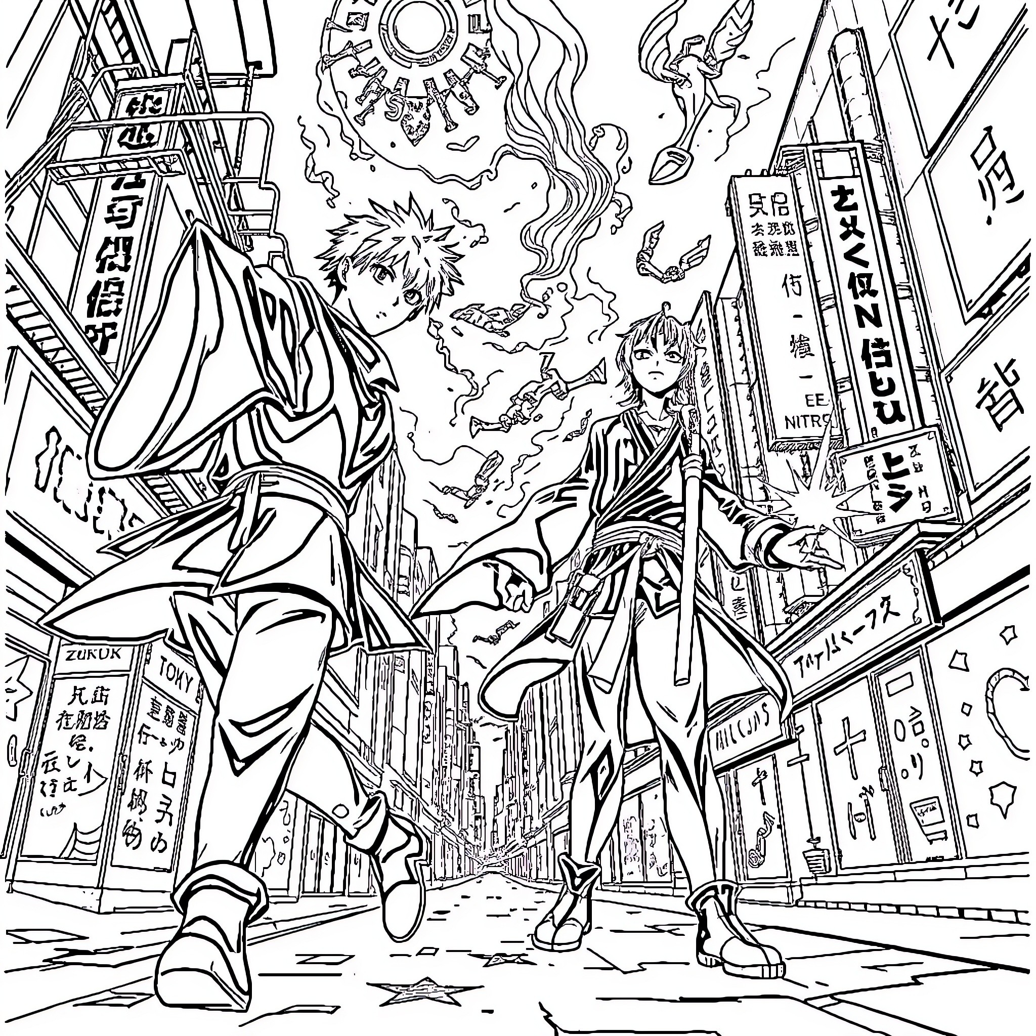Jujutsu Kaisen - Dynamic Exorcists in Eclectic City Coloring Page (free black-and-white line drawing printable PDF for all, from beginners to advanced learners, including children, teens, adults, and seniors)