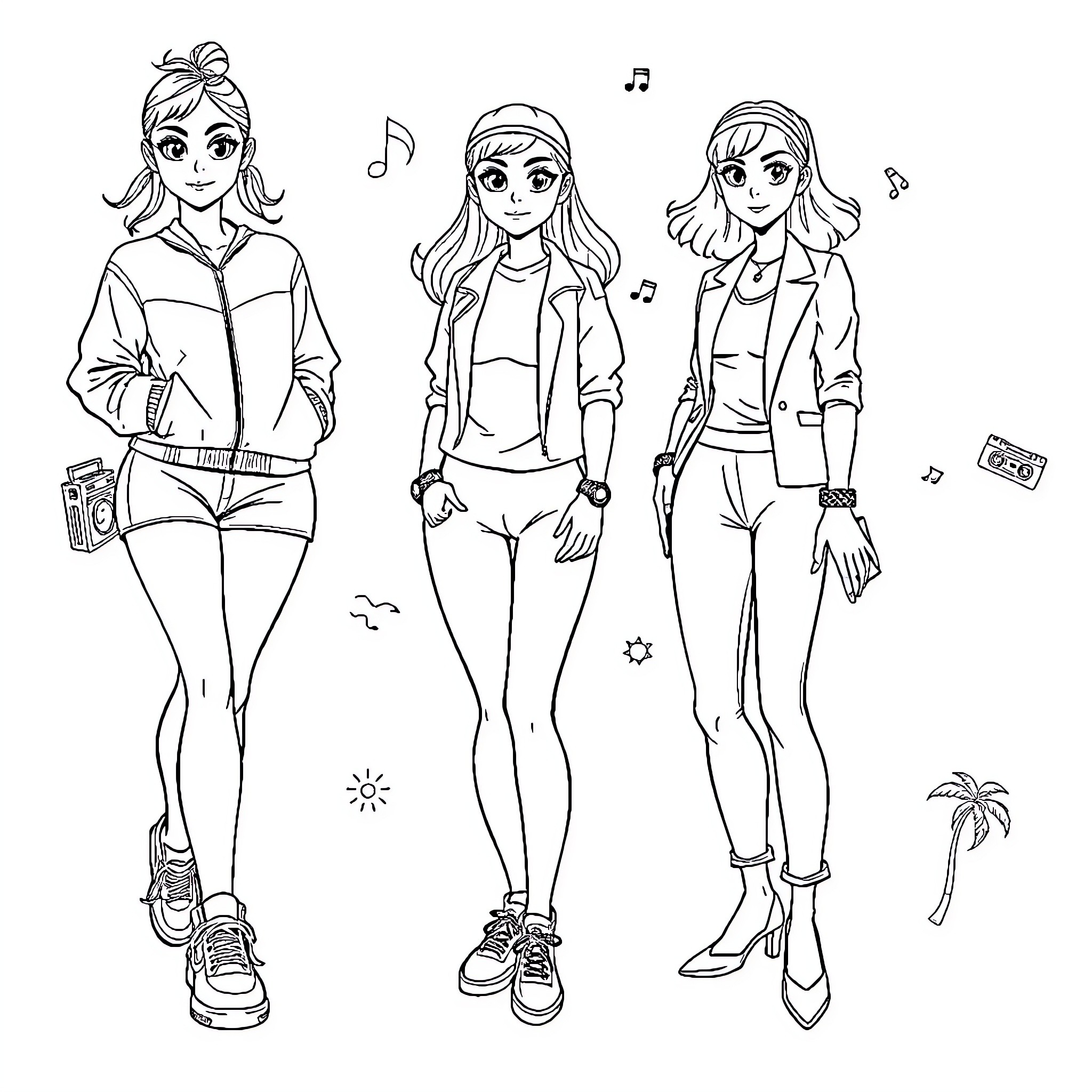 Fashion-forward friends enjoying music and adventure Coloring Page (free black-and-white line drawing printable PDF for all, from beginners to advanced learners, including children, teens, adults, and seniors)