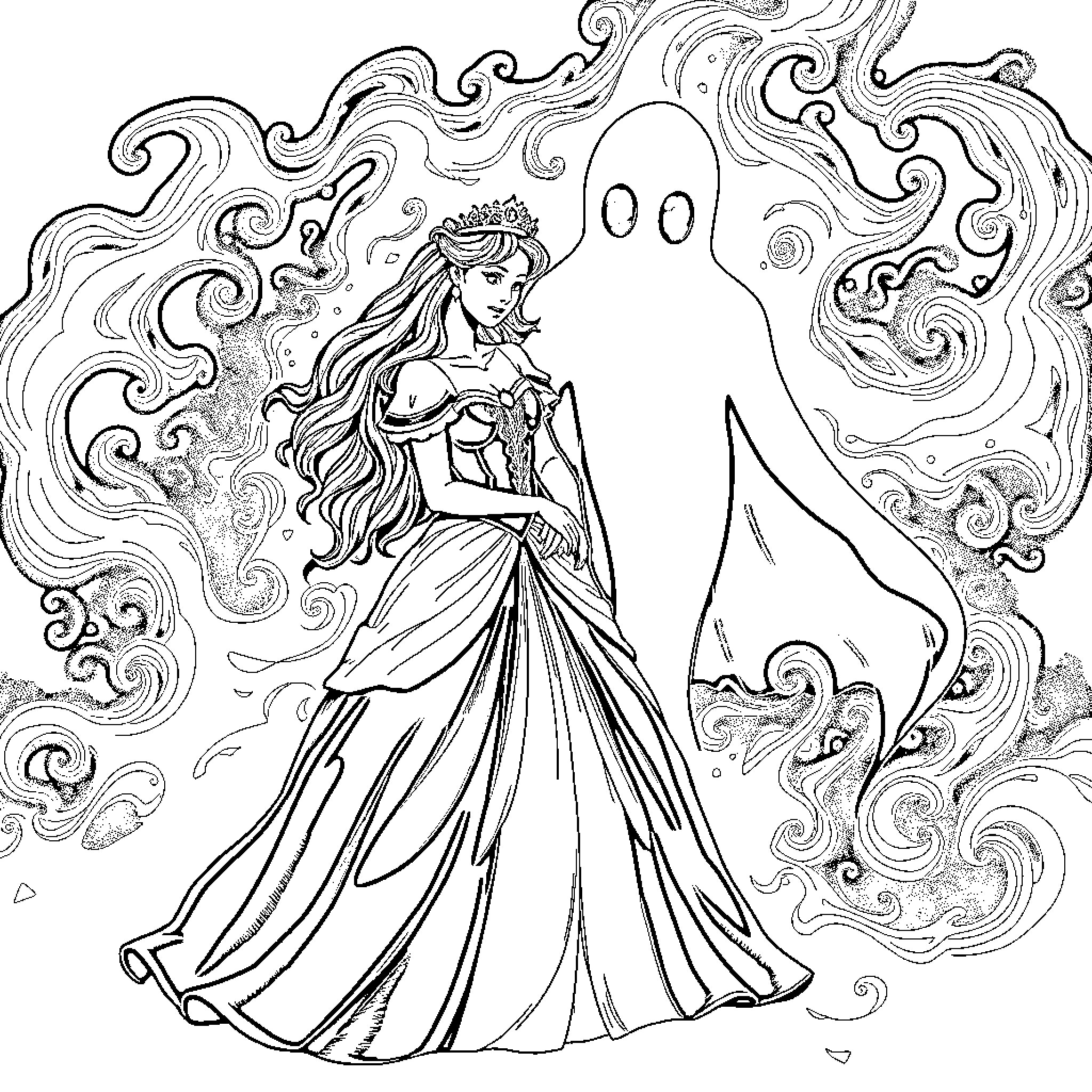 Princess in Elegant Gown Surrounded by Ethereal Spirits Coloring Page (free black-and-white line drawing printable PDF for all, from beginners to advanced learners, including children, teens, adults, and seniors)