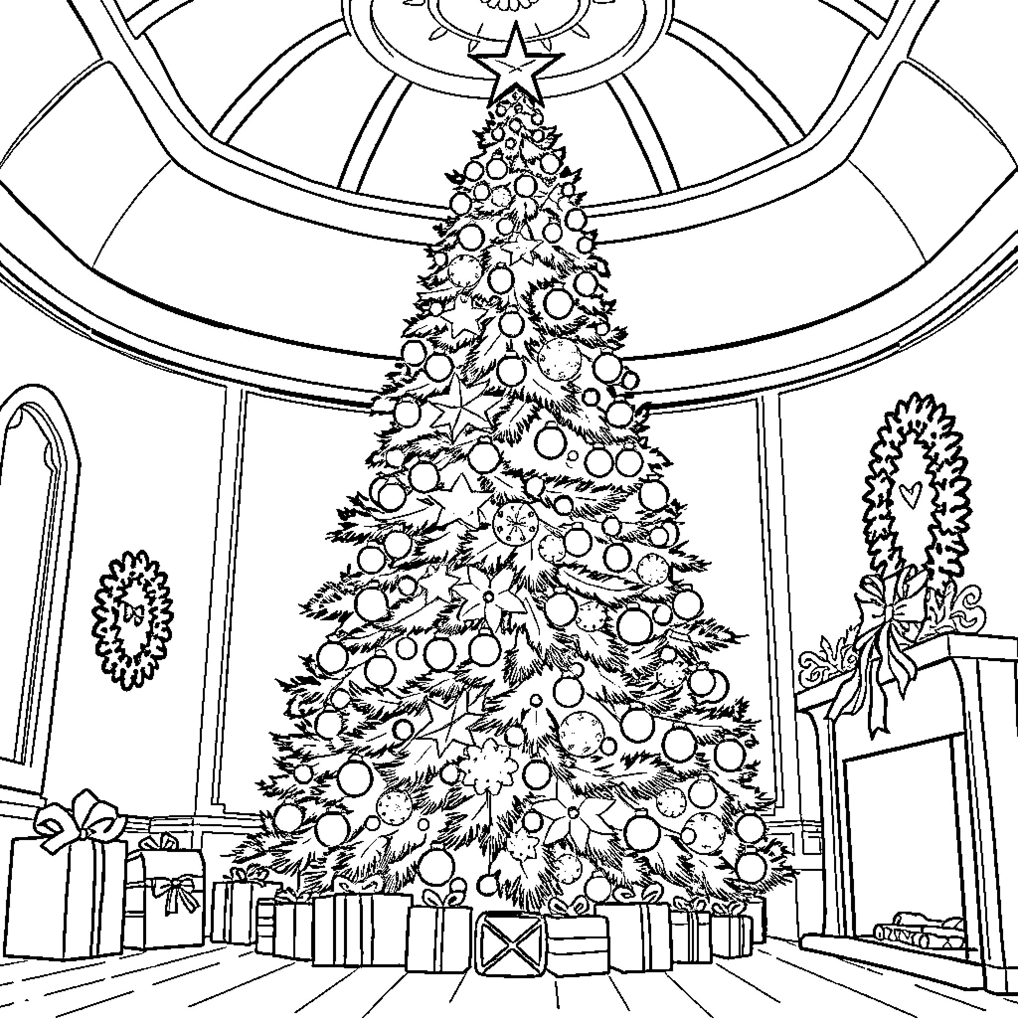 Christmas Tree in Decorative Room Coloring Page (free black-and-white line drawing printable PDF for all, from beginners to advanced learners, including children, teens, adults, and seniors)
