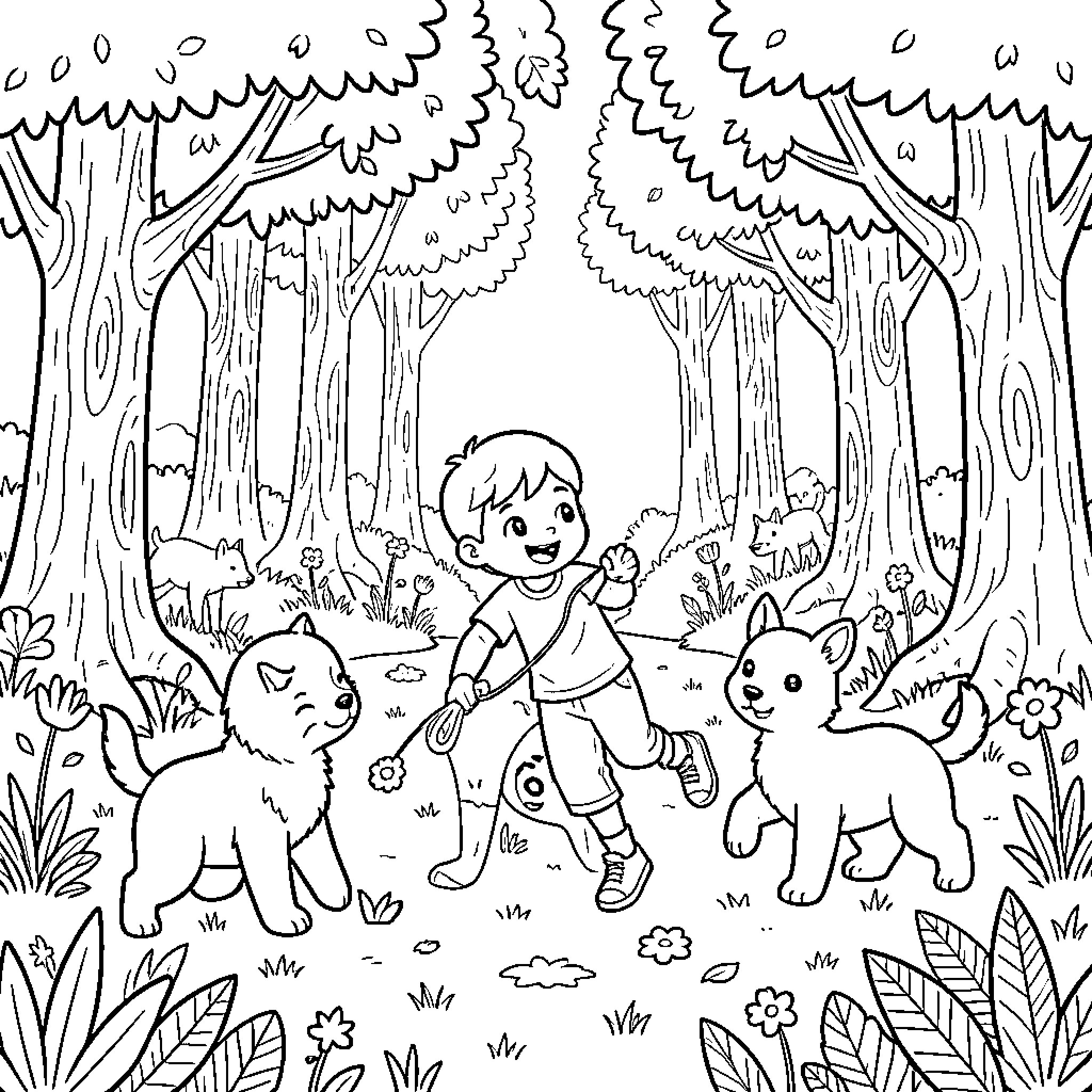 Lolo walking happily with two puppies in the woods Coloring Page (free black-and-white line drawing printable PDF for all, from beginners to advanced learners, including children, teens, adults, and seniors)
