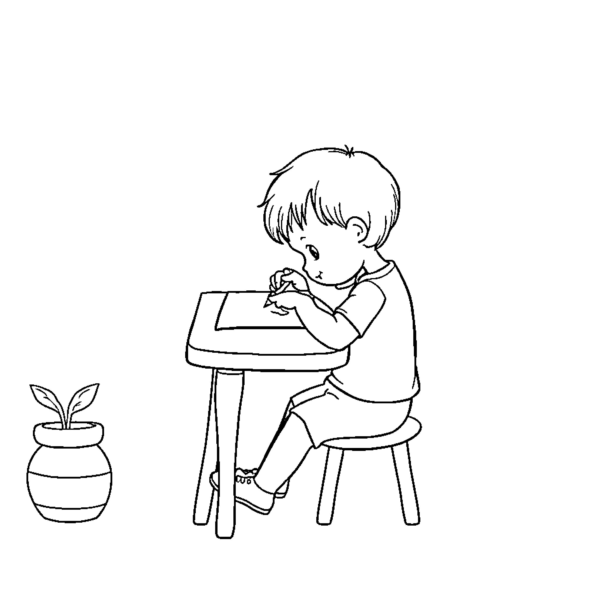Letter G: Boy studying intently at desk Coloring Page (free black-and-white line drawing printable PDF for all, from beginners to advanced learners, including children, teens, adults, and seniors)