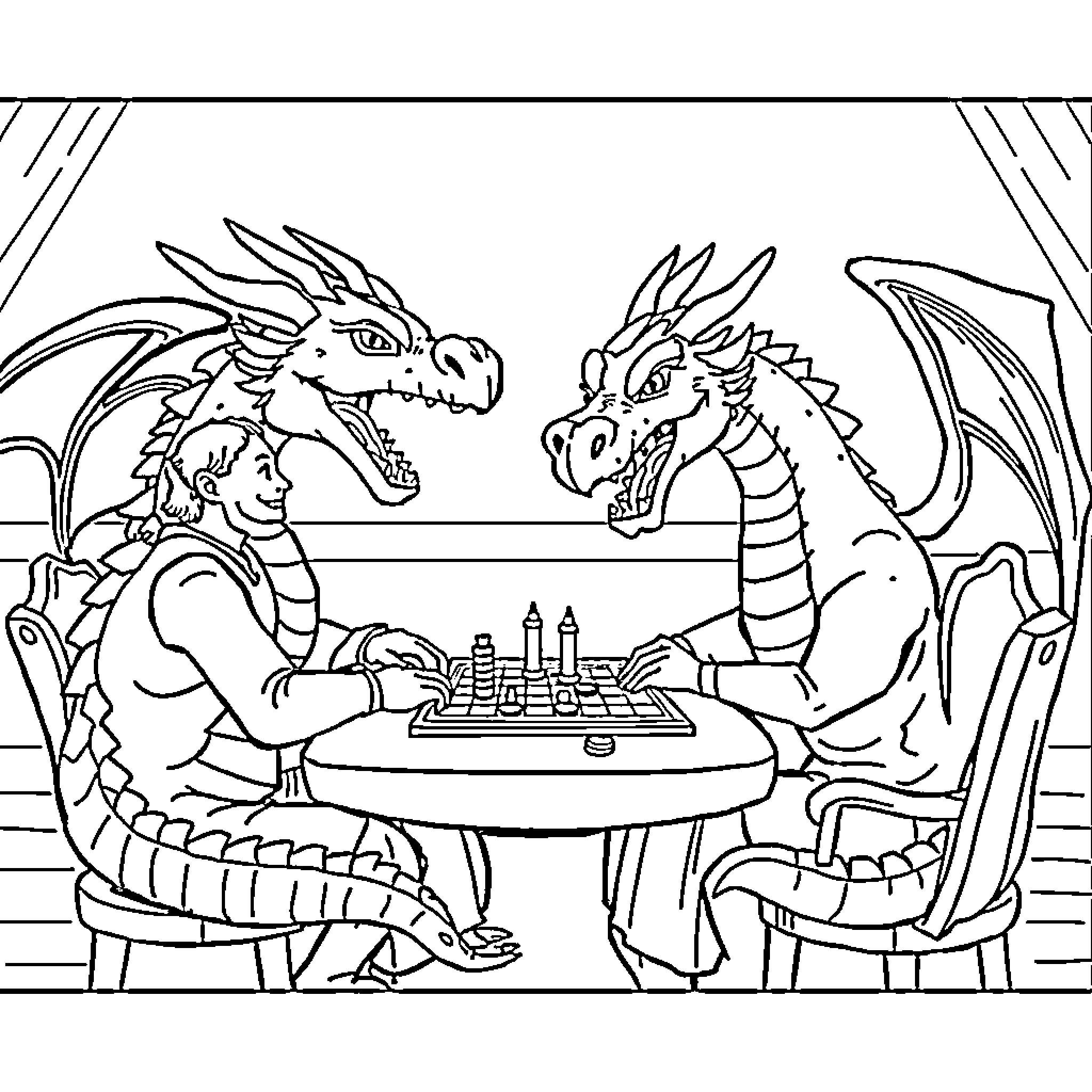 Dragon Chess Match Coloring Page (free black-and-white line drawing printable PDF for all, from beginners to advanced learners, including children, teens, adults, and seniors)
