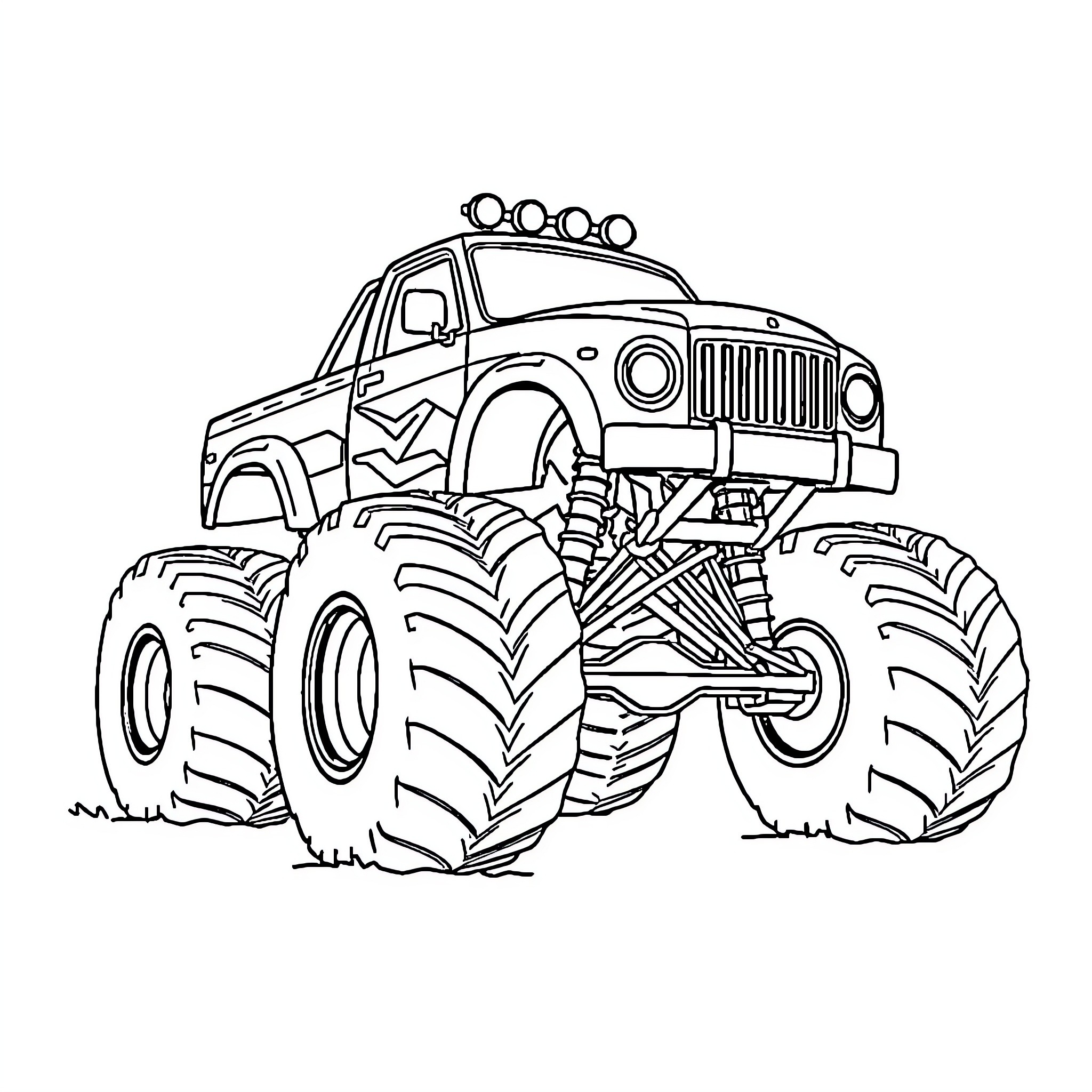 Monster Truck Jumping High on Rugged Terrain Coloring Page (free black-and-white line drawing printable PDF for all, from beginners to advanced learners, including children, teens, adults, and seniors)