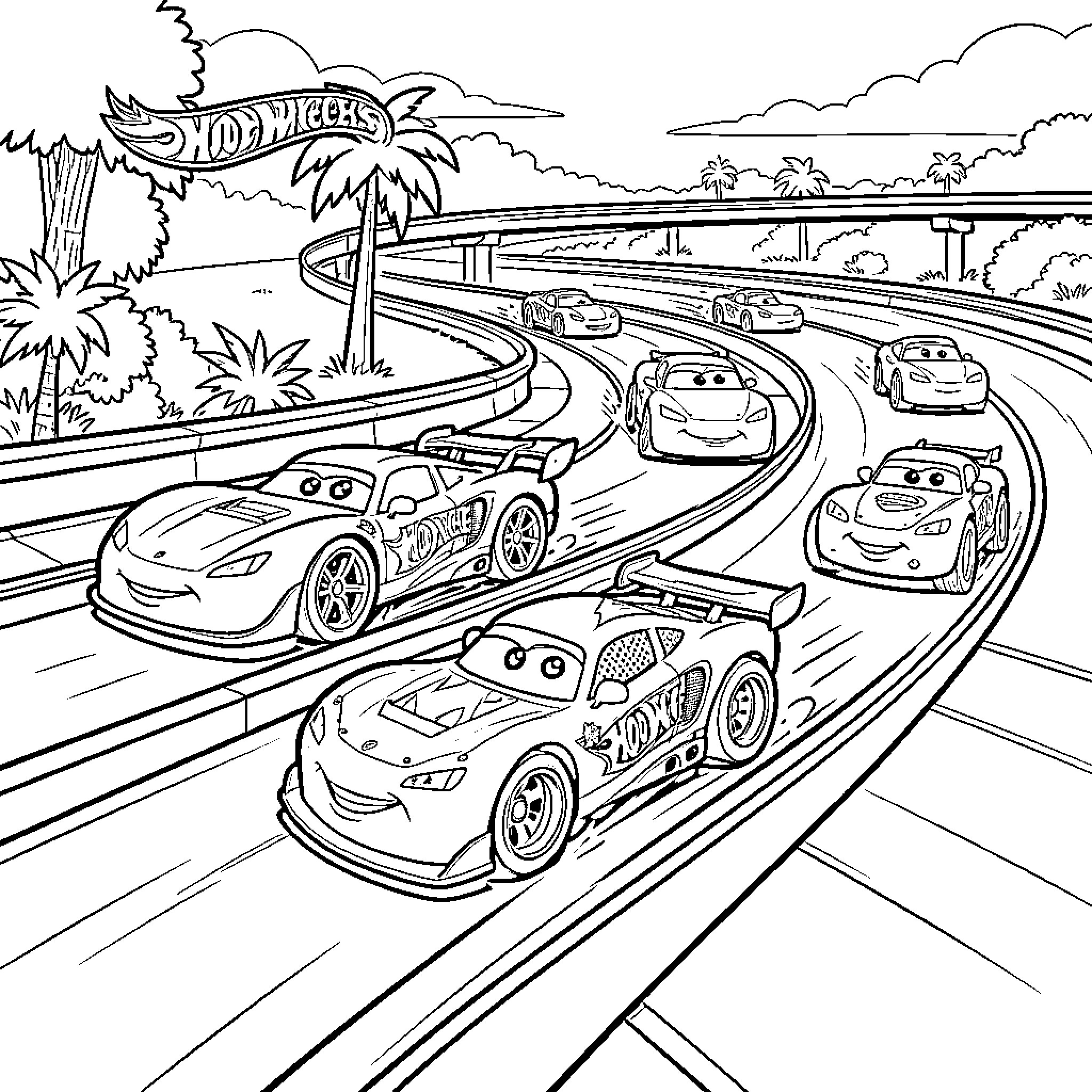Hot Wheels racing cars on a winding track Coloring Page (free black-and-white line drawing printable PDF for all, from beginners to advanced learners, including children, teens, adults, and seniors)