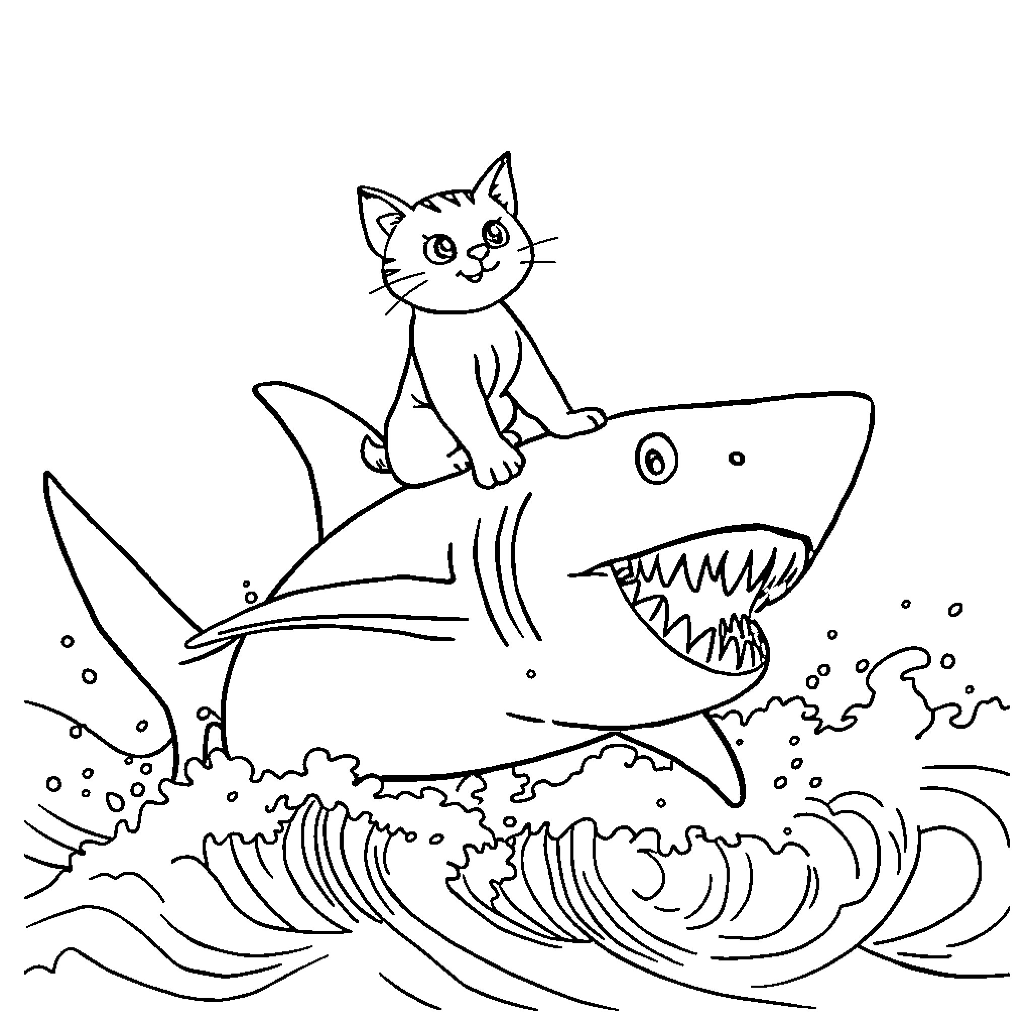 Cat riding playfully on a shark Coloring Page (free black-and-white line drawing printable PDF for all, from beginners to advanced learners, including children, teens, adults, and seniors)