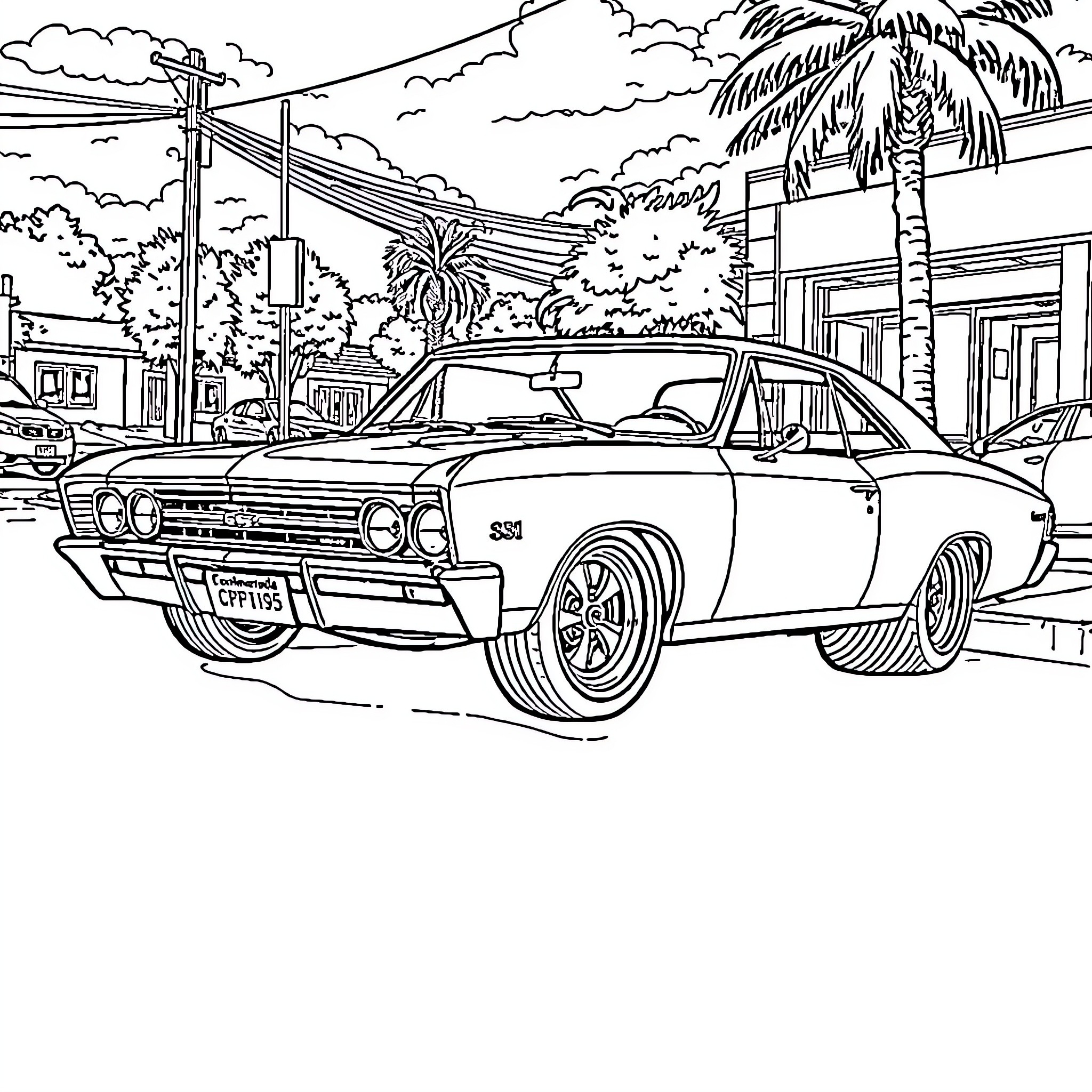 Chevy classic car in tropical beach setting Coloring Page (free black-and-white line drawing printable PDF for all, from beginners to advanced learners, including children, teens, adults, and seniors)