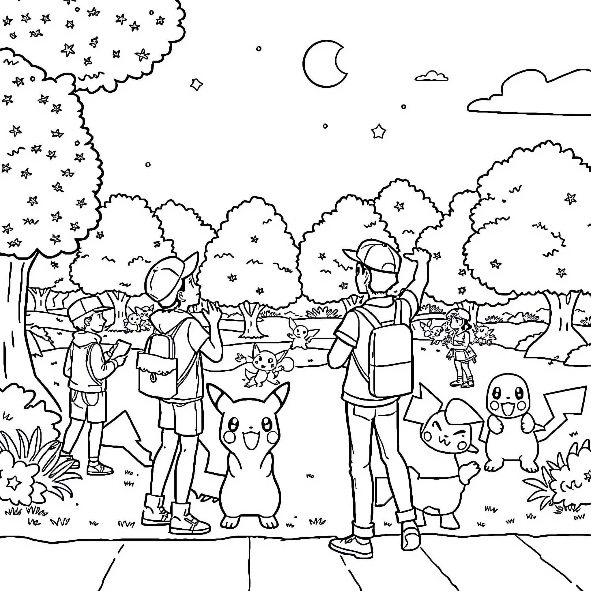 Pokémon Trainers Explore a Whimsical Landscape Coloring Page (free black-and-white line drawing printable PDF for all, from beginners to advanced learners, including children, teens, adults, and seniors)