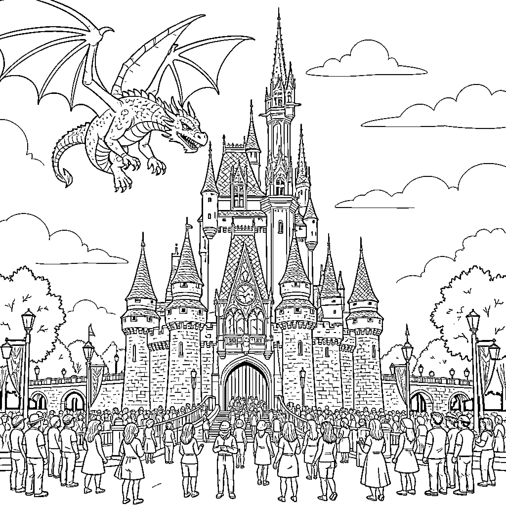 Castle with a dragon flying over a large crowd Coloring Page (free black-and-white line drawing printable PDF for all, from beginners to advanced learners, including children, teens, adults, and seniors)