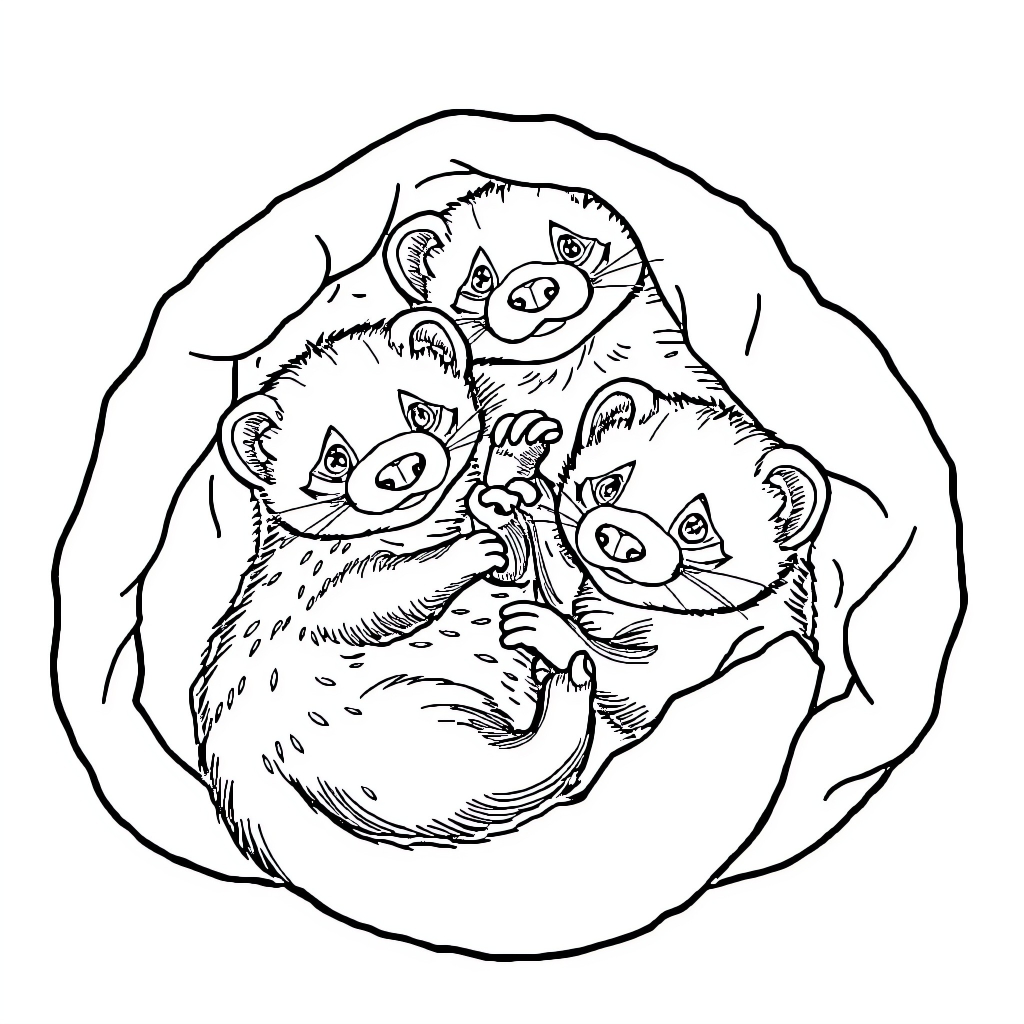 Ferret Family Huddled Together Coloring Page (free black-and-white line drawing printable PDF for all, from beginners to advanced learners, including children, teens, adults, and seniors)