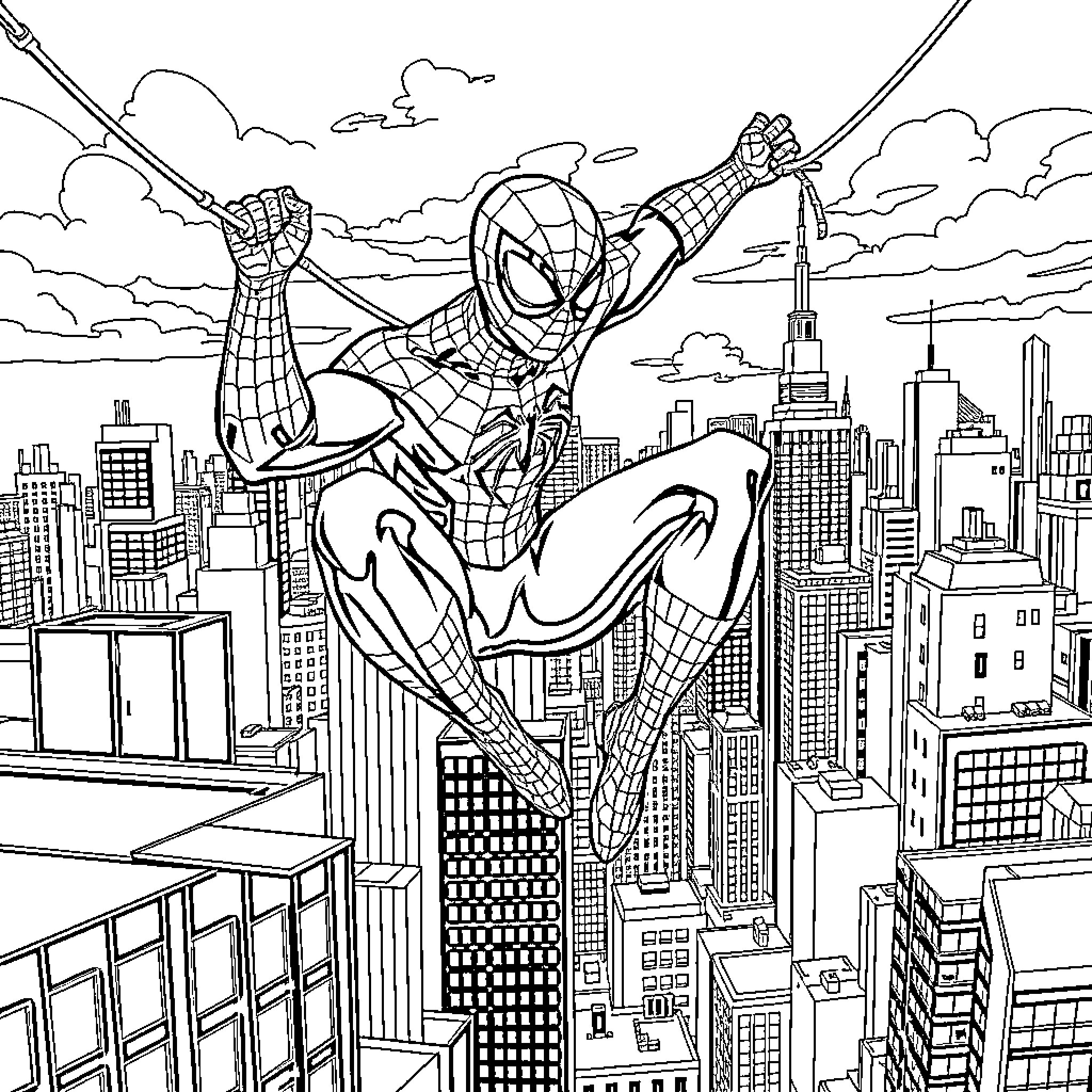 Spider-Man swinging through the city skyline Coloring Page (free black-and-white line drawing printable PDF for all, from beginners to advanced learners, including children, teens, adults, and seniors)