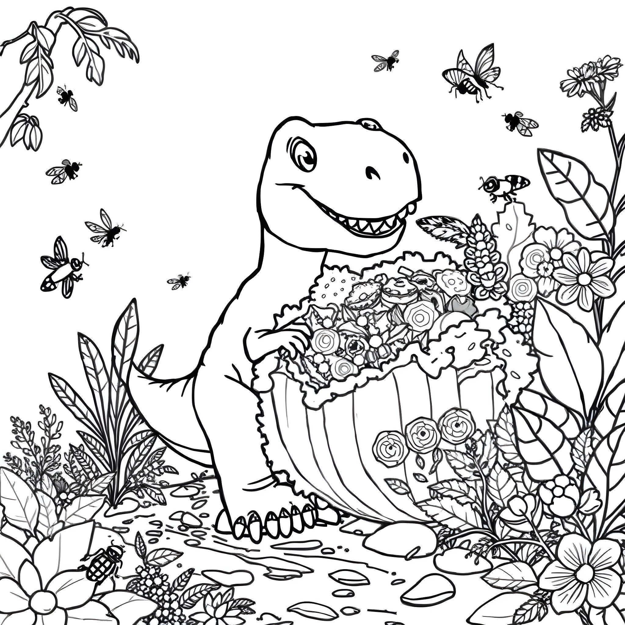 Dinosaur playing among colorful flowers and butterflies Coloring Page (free black-and-white line drawing printable PDF for all, from beginners to advanced learners, including children, teens, adults, and seniors)