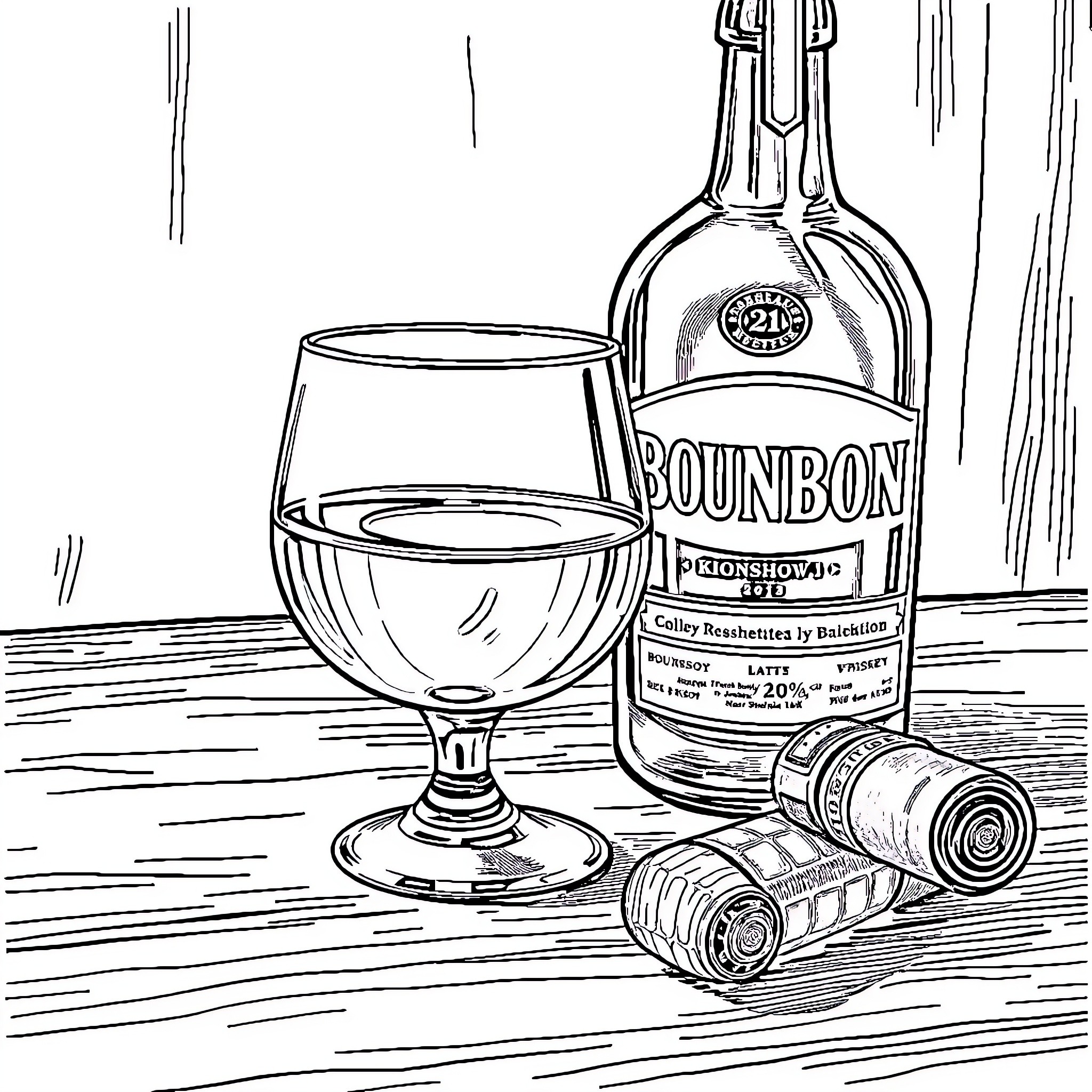 Bourbon Glass on Wooden Surface Coloring Page (free black-and-white line drawing printable PDF for all, from beginners to advanced learners, including children, teens, adults, and seniors)