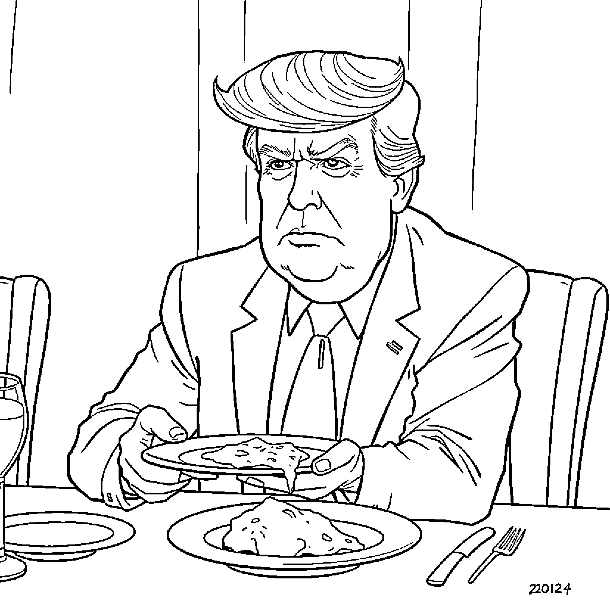 Donald Trump enjoys a meal in the White House Coloring Page (free black-and-white line drawing printable PDF for all, from beginners to advanced learners, including children, teens, adults, and seniors)
