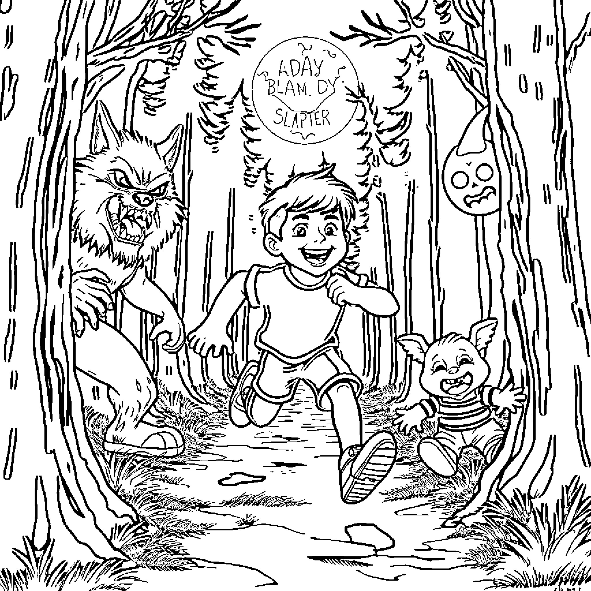 Jack Black's Playful Adventure in the Enchanted Forest Coloring Page (free black-and-white line drawing printable PDF for all, from beginners to advanced learners, including children, teens, adults, and seniors)