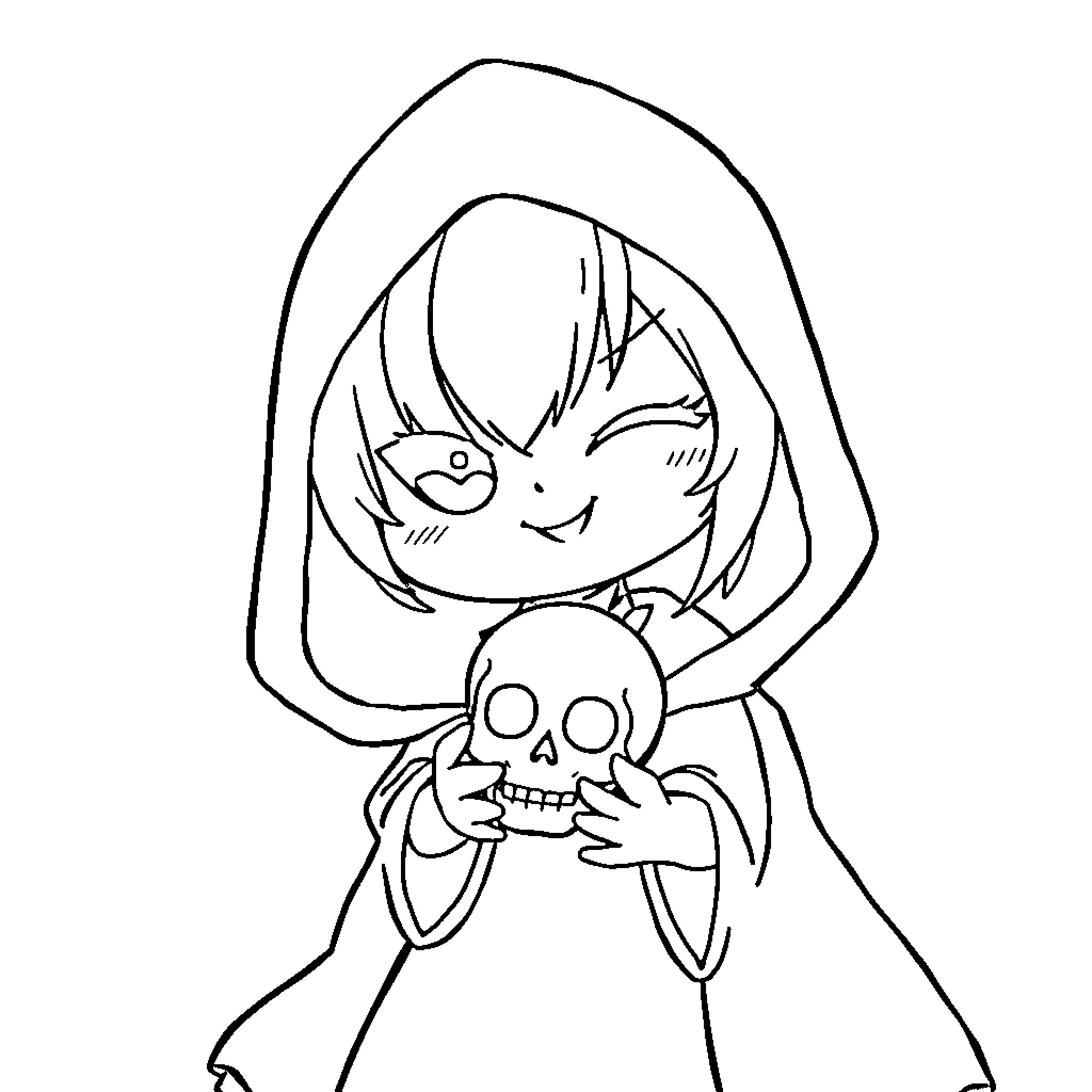 Kuromi playing with a skull toy Coloring Page (free black-and-white line drawing printable PDF for all, from beginners to advanced learners, including children, teens, adults, and seniors)