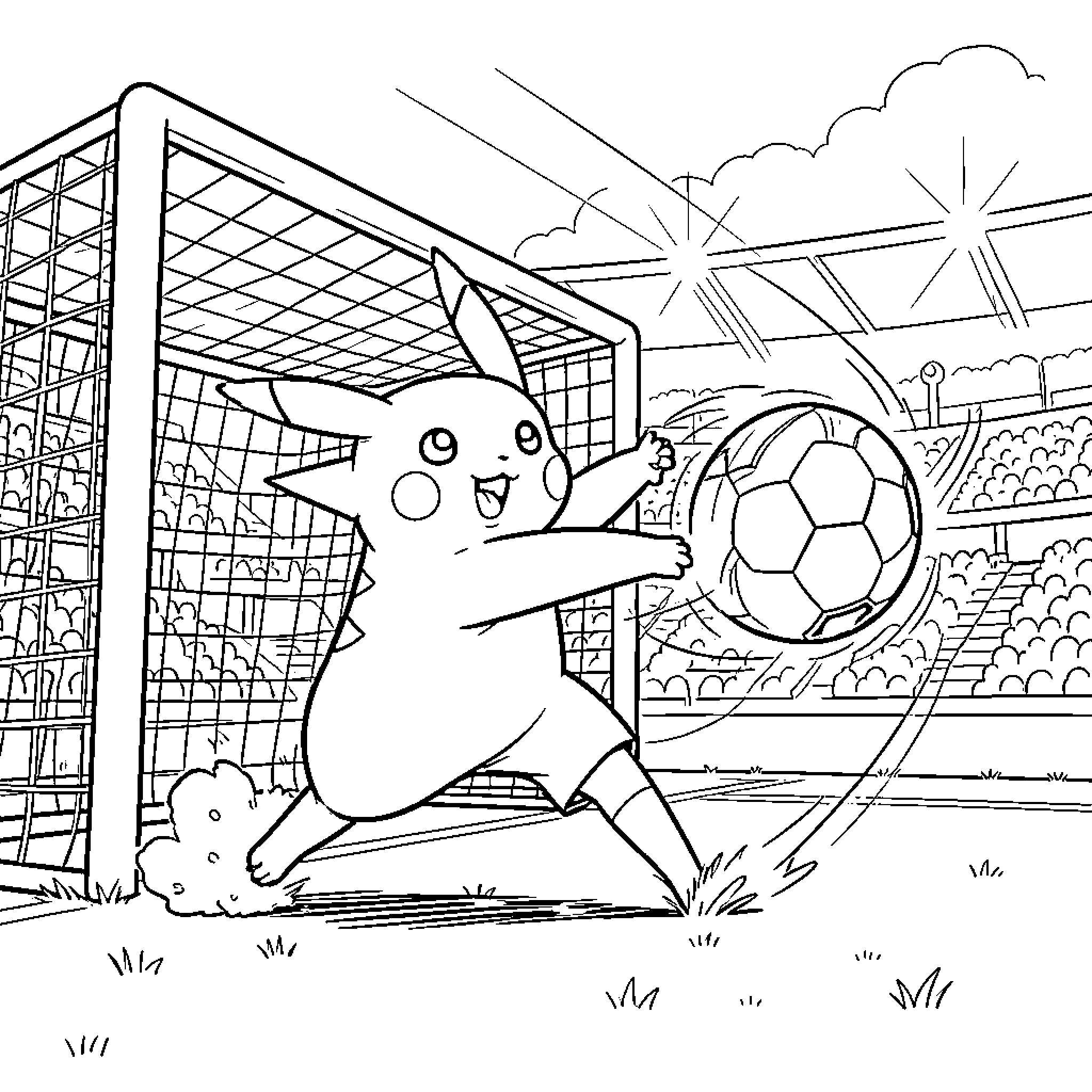 Pikachu playing soccer in front of a goal Coloring Page (free black-and-white line drawing printable PDF for all, from beginners to advanced learners, including children, teens, adults, and seniors)