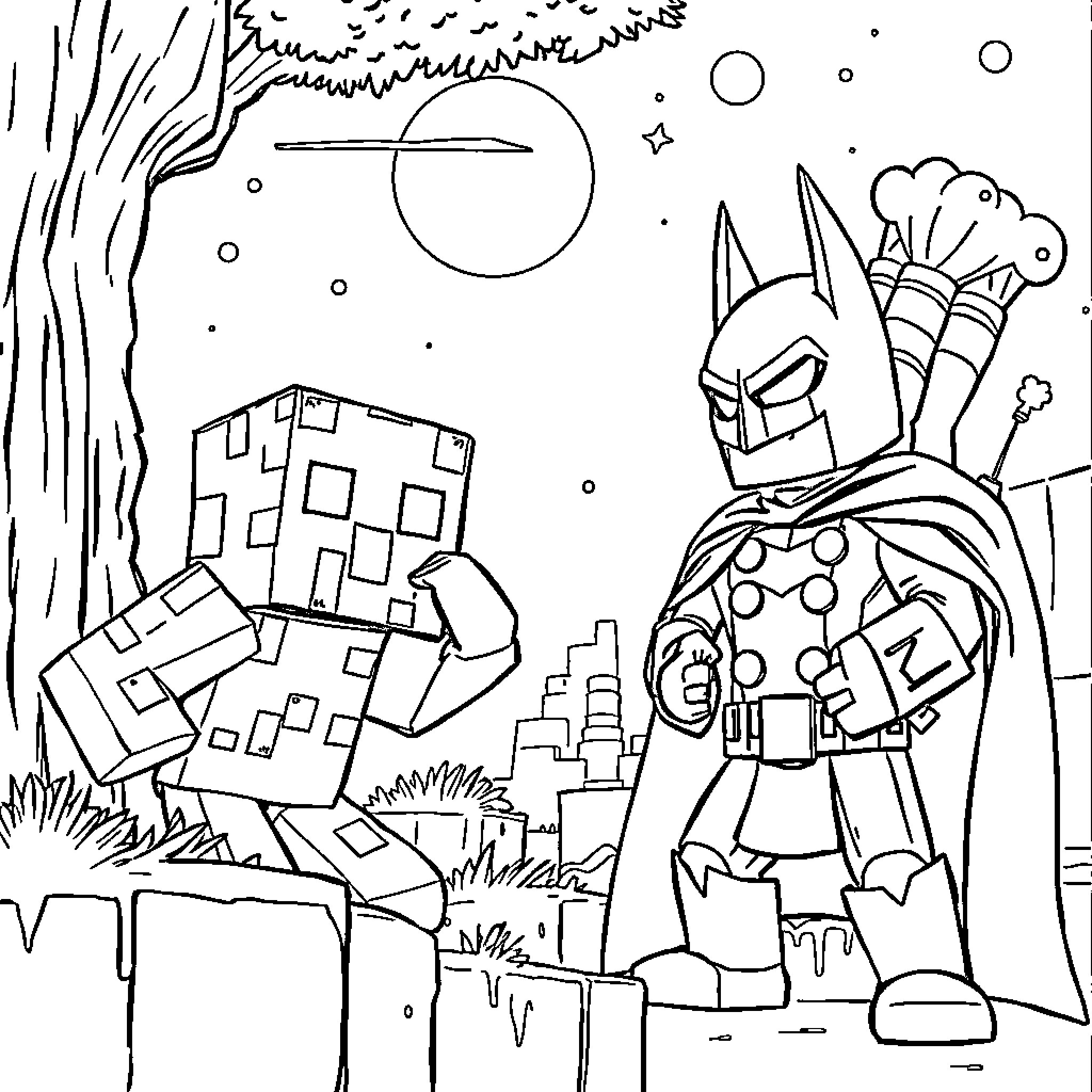 Creeper Battles Caped Crusader in Moonlit Cityscape Coloring Page (free black-and-white line drawing printable PDF for all, from beginners to advanced learners, including children, teens, adults, and seniors)