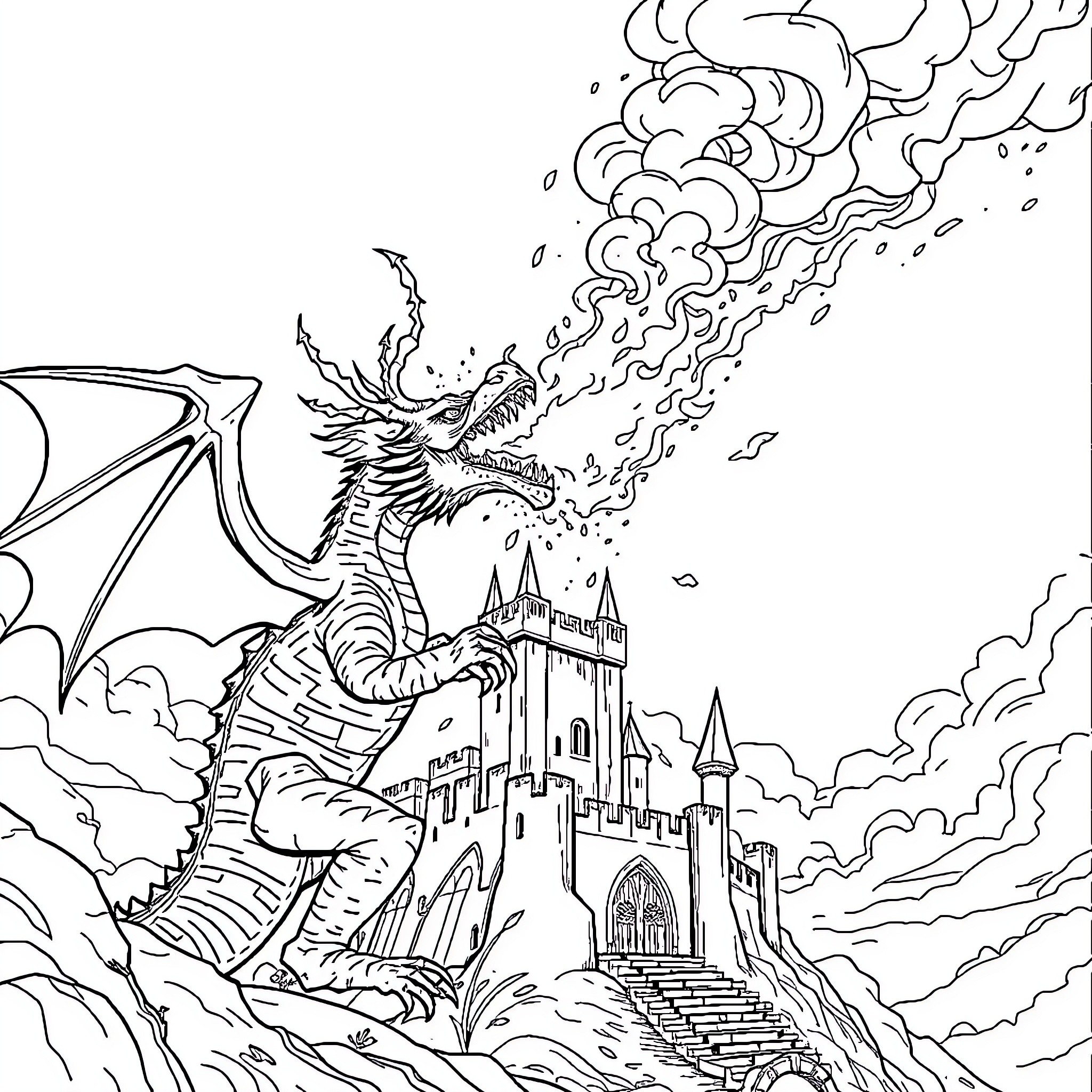 Dragon Breathing Fire on a Mythical Castle Coloring Page (free black-and-white line drawing printable PDF for all, from beginners to advanced learners, including children, teens, adults, and seniors)