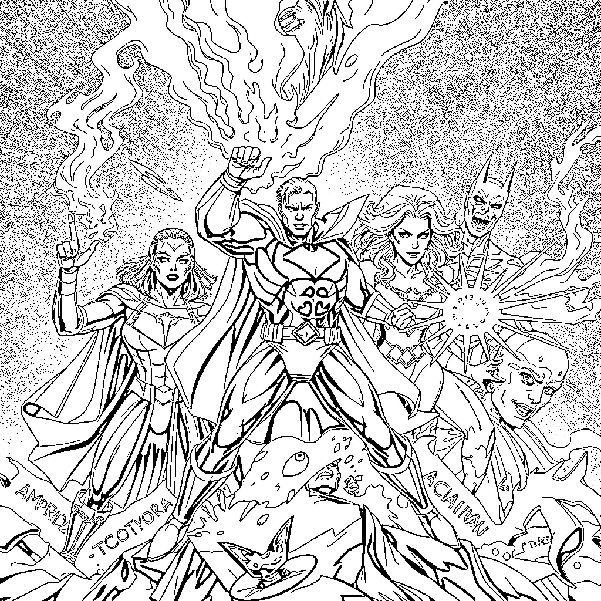 Character Superheroes in Heroic Pose with Powers Coloring Page (free black-and-white line drawing printable PDF for all, from beginners to advanced learners, including children, teens, adults, and seniors)