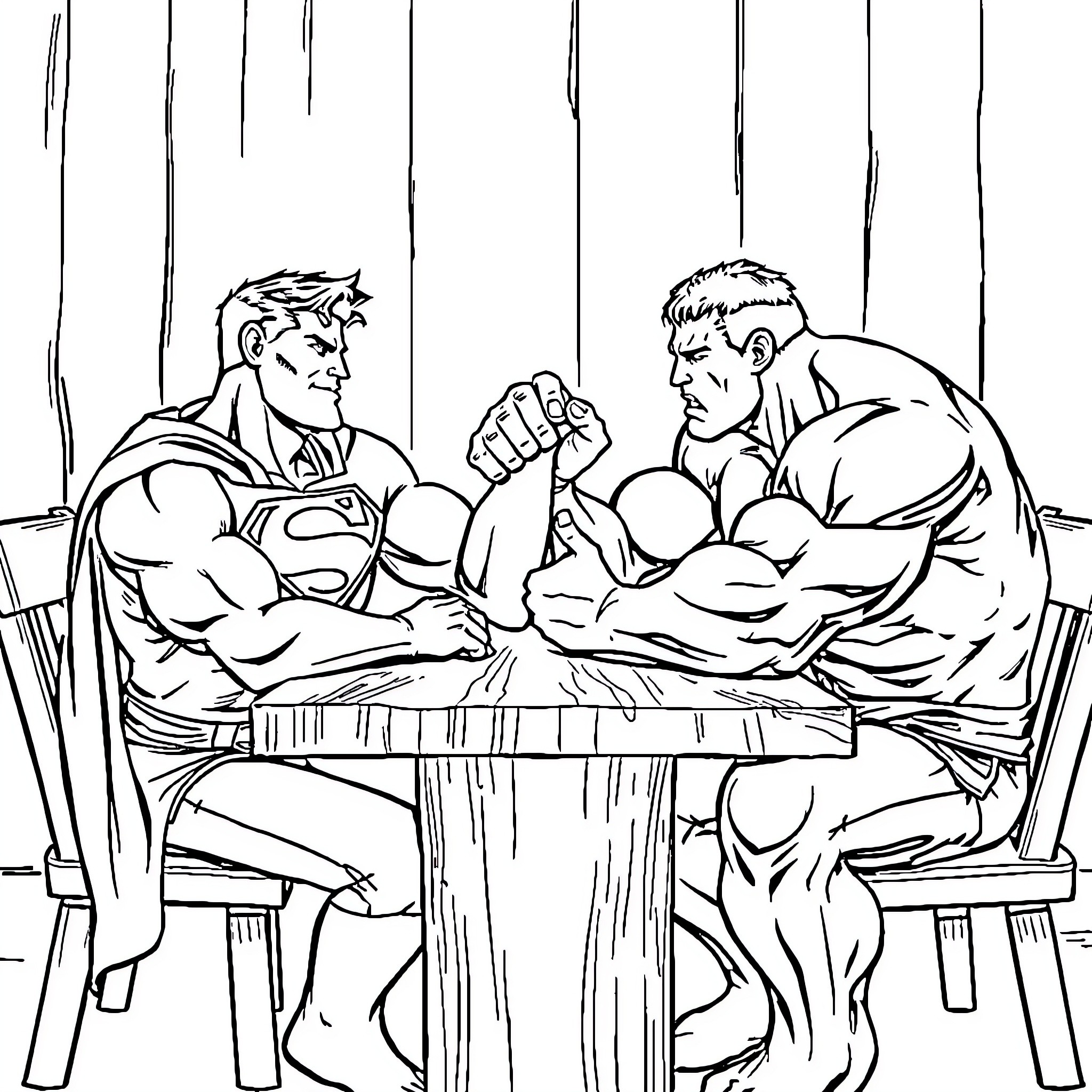 Superman arm wrestling with a muscular opponent Coloring Page (free black-and-white line drawing printable PDF for all, from beginners to advanced learners, including children, teens, adults, and seniors)
