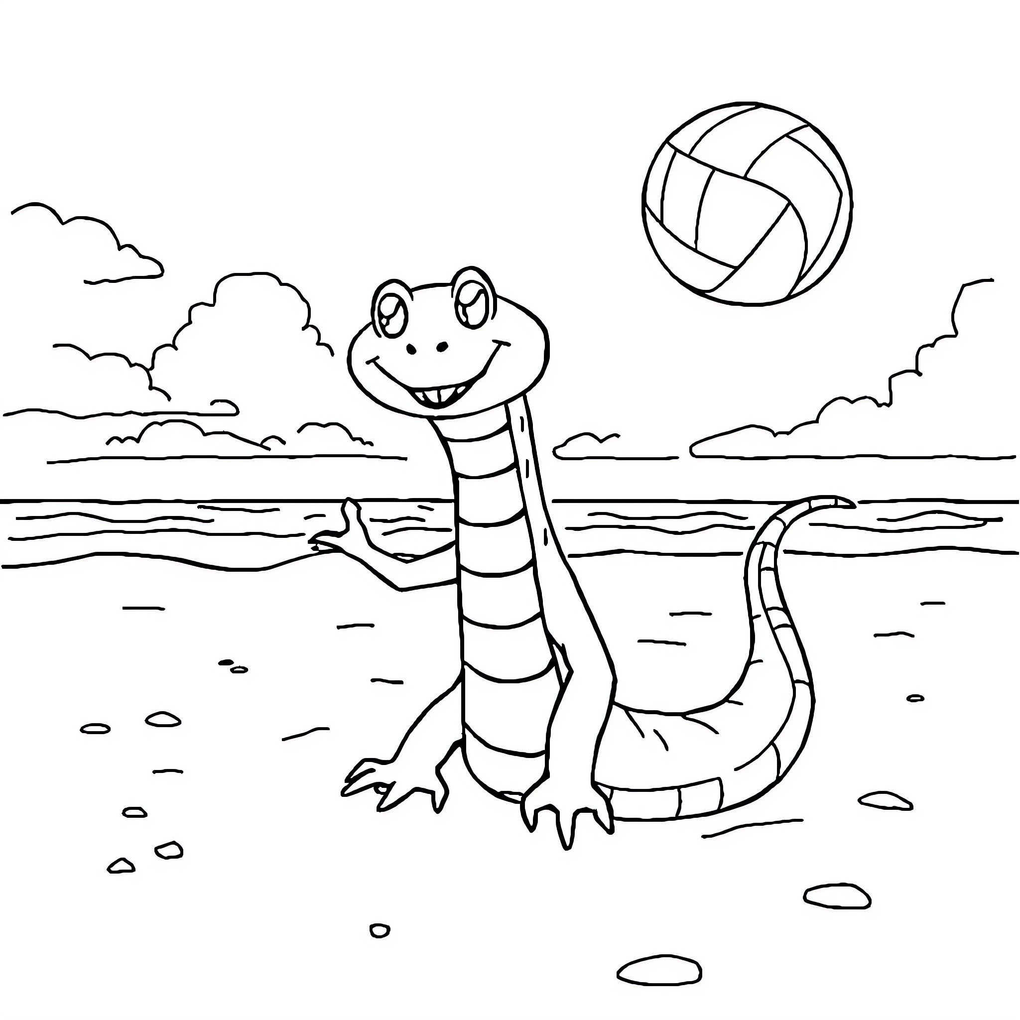 Snake playing with beach volleyball on the shore Coloring Page (free black-and-white line drawing printable PDF for all, from beginners to advanced learners, including children, teens, adults, and seniors)