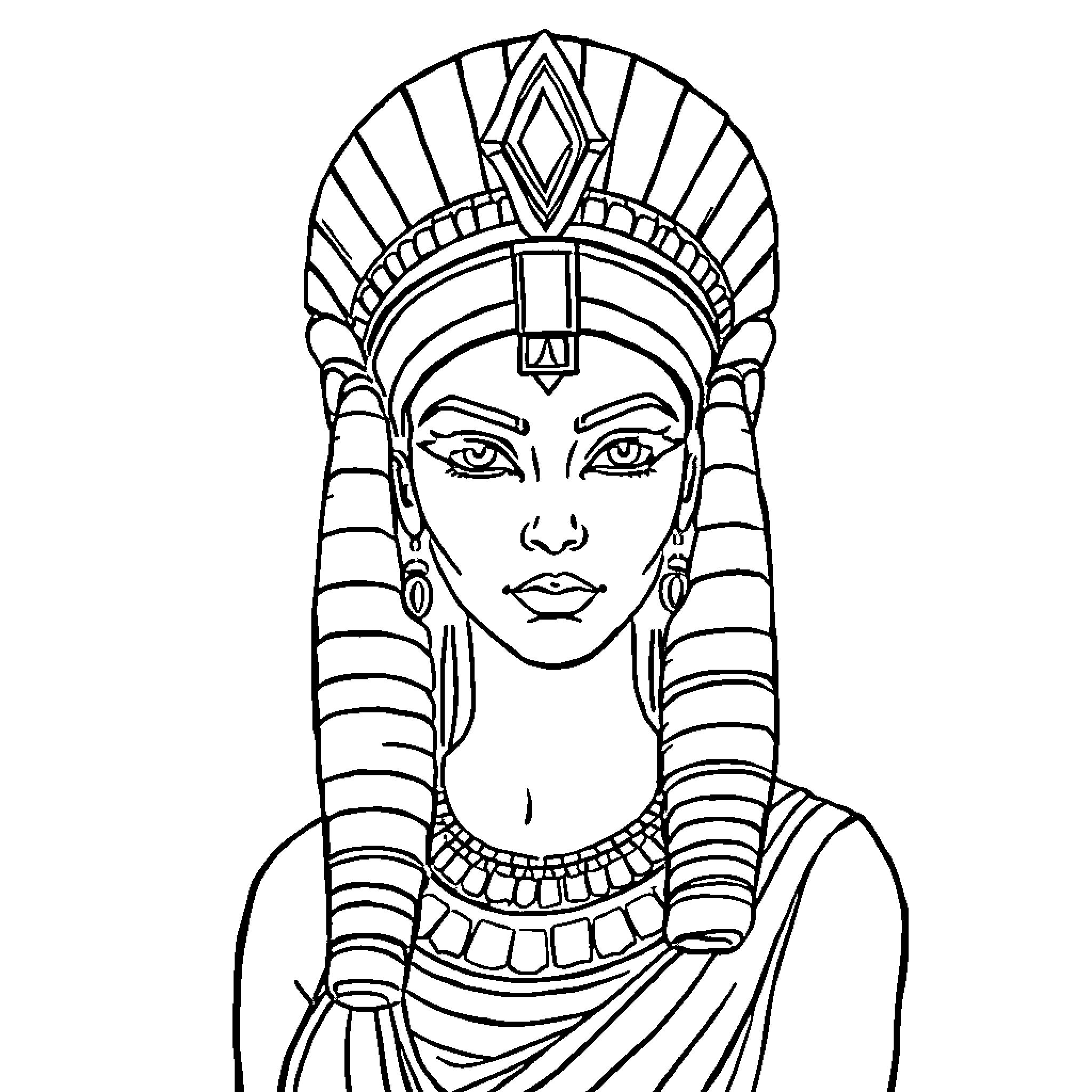 Cleopatra in Regal Egyptian Attire Coloring Page (free black-and-white line drawing printable PDF for all, from beginners to advanced learners, including children, teens, adults, and seniors)