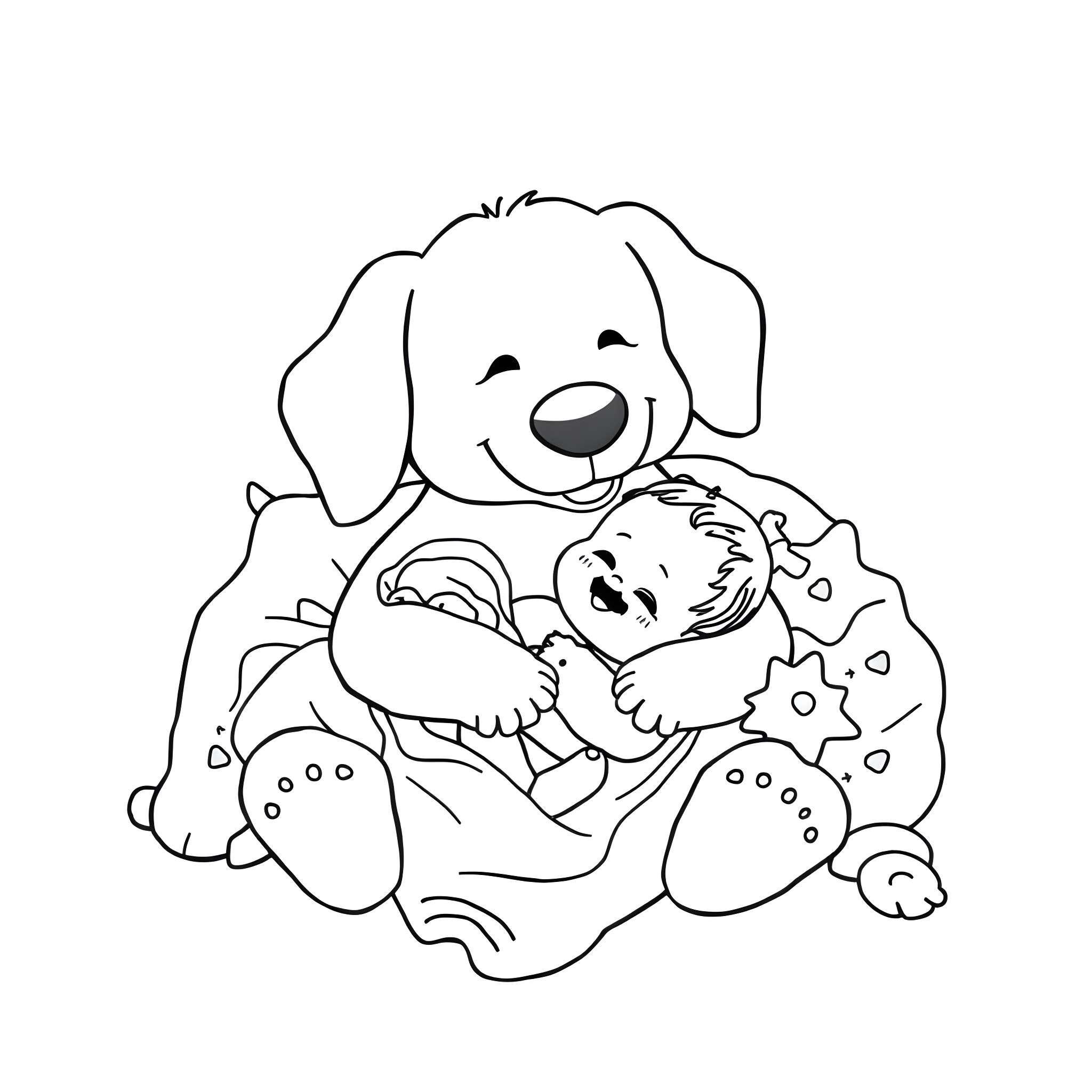 Sausage Dog and Puppy Snuggling Happily Coloring Page (free black-and-white line drawing printable PDF for all, from beginners to advanced learners, including children, teens, adults, and seniors)
