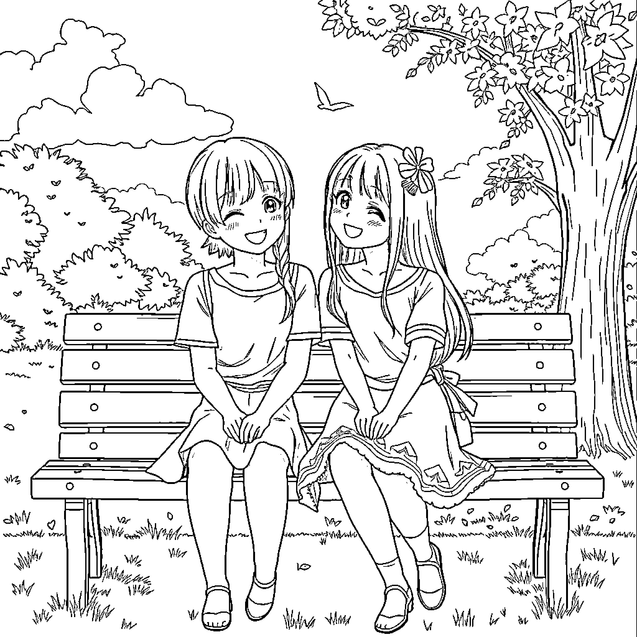 Jinu and Yumi sitting together on a park bench Coloring Page (free black-and-white line drawing printable PDF for all, from beginners to advanced learners, including children, teens, adults, and seniors)