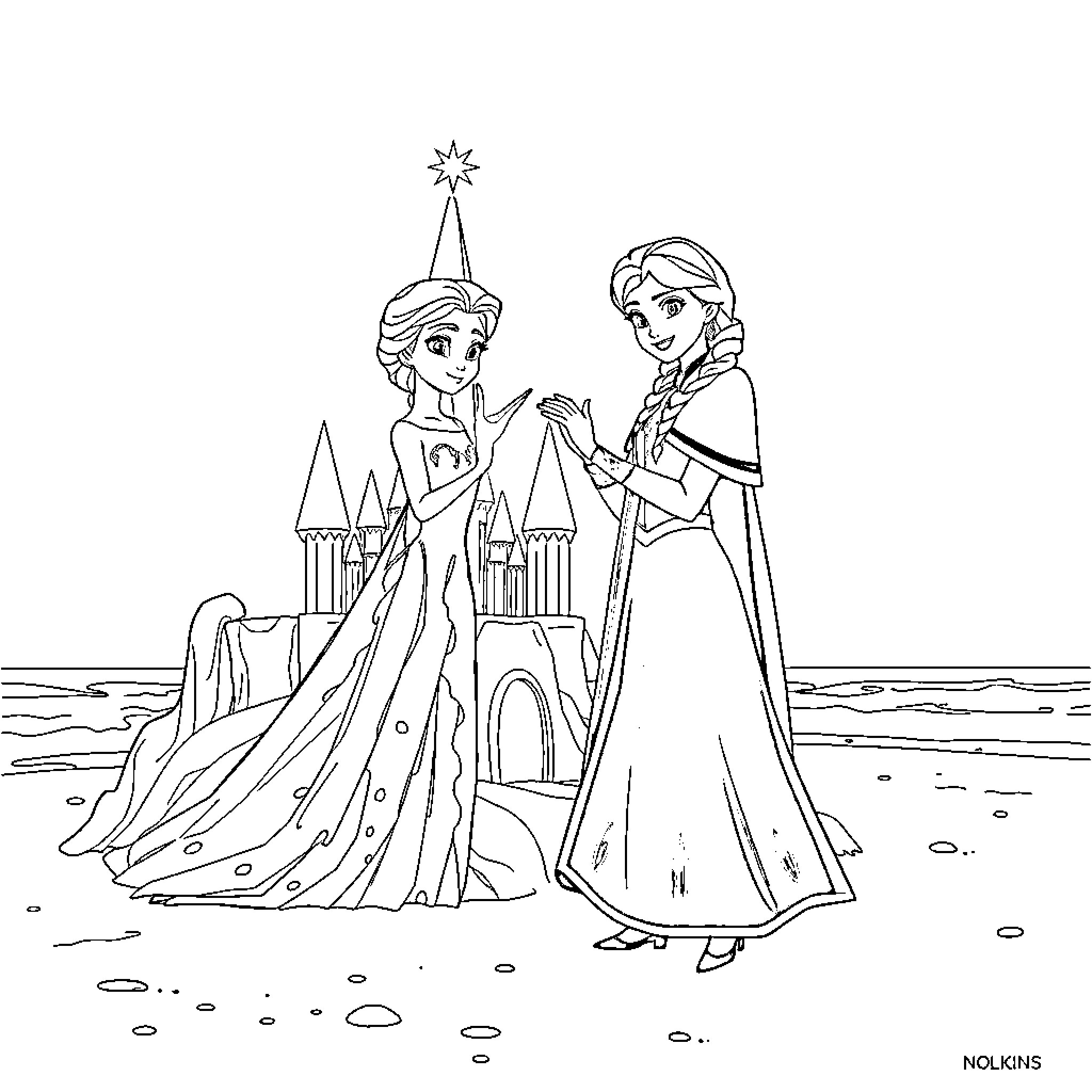 Elsa and Anna in Elegant Winter Dresses Coloring Page (free black-and-white line drawing printable PDF for all, from beginners to advanced learners, including children, teens, adults, and seniors)
